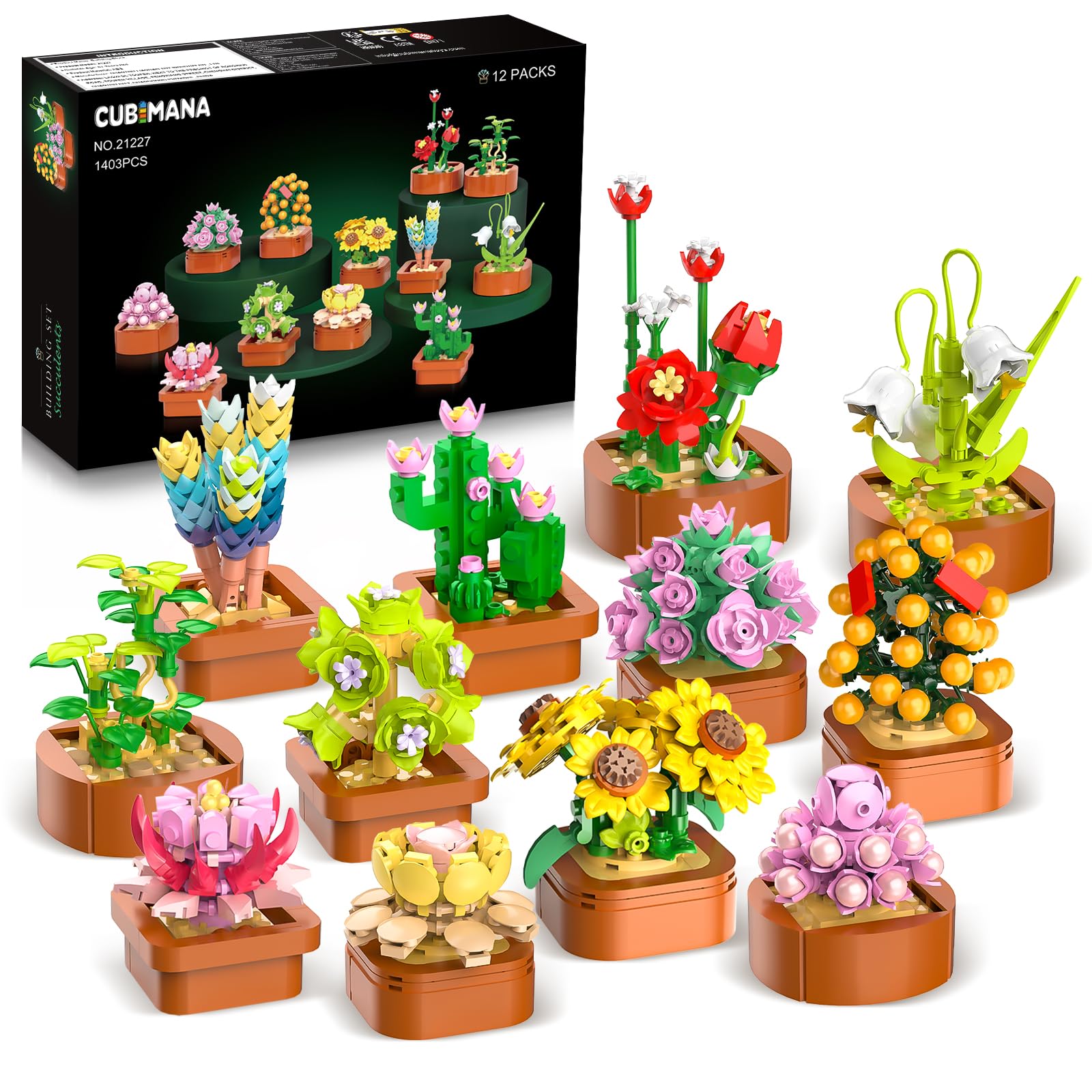 CUBIMANA 12 Fleurs Kit Construction Mini Botanique pour Adultes Filles 10+ | 1403 pièces Collection Botanicals, mini briques 3,6 mm avec plantes artificielles, décoration maison, cadeau femmes hommes