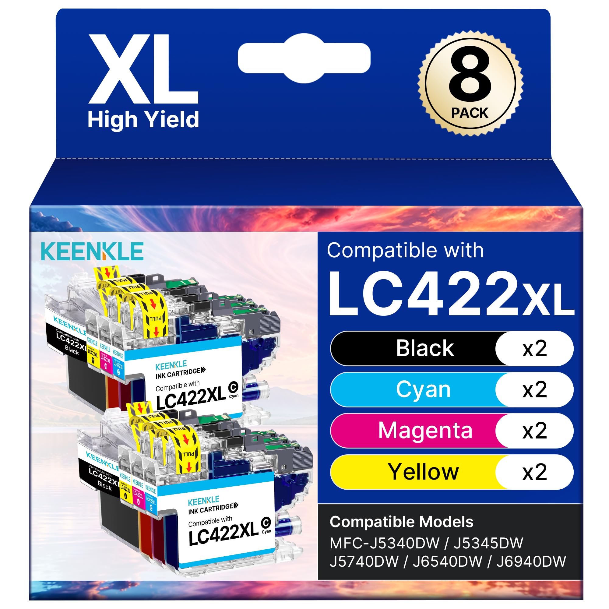 KEENKLE LC422XL Cartouches Lot de 8 Compatible pour Brother LC422 LC-422VAL | pour Brother MFC-J5740DW MFC-J5340DW MFC-J5345DW MFC-J6540DW MFC-J6940DW pour Brother LC422 XL LC-422XLVAL (Lot de 8)