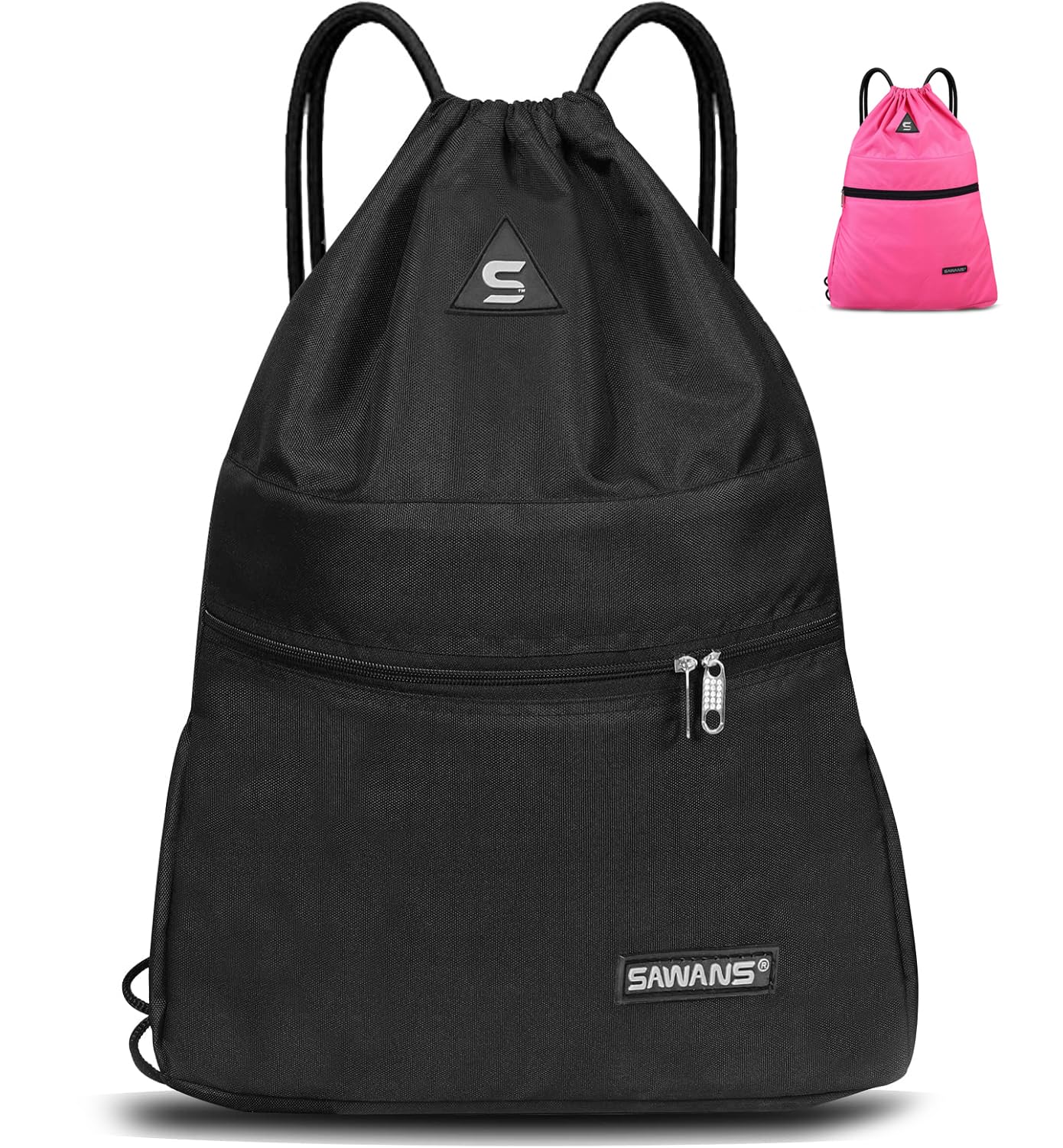 SAWANS Sac de sport avec cordon de serrage Poche étanche Sac à dos à fermeture éclair pour femme et homme Sac de voyage pour la randonnée, l'école, les étudiants Sac en polyéthylène pour (Noire)