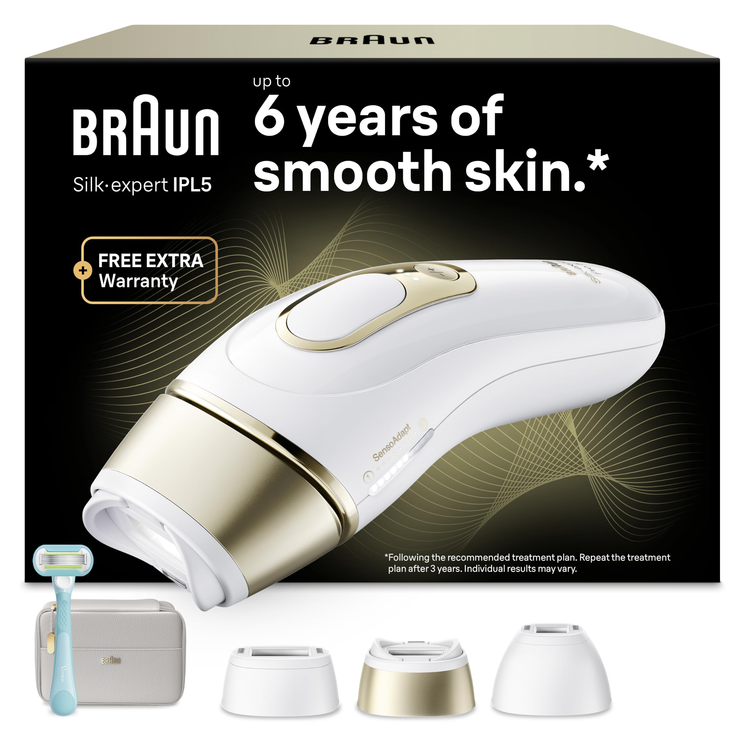 Braun Epilateur Lumiere Pulsee Silk·expert Pro 5 PL5311, Blanc et Or | Alternative au Laser à Domicile, Filaire, avec Pochette, Rasoir Gillette Venus, 3 Têtes