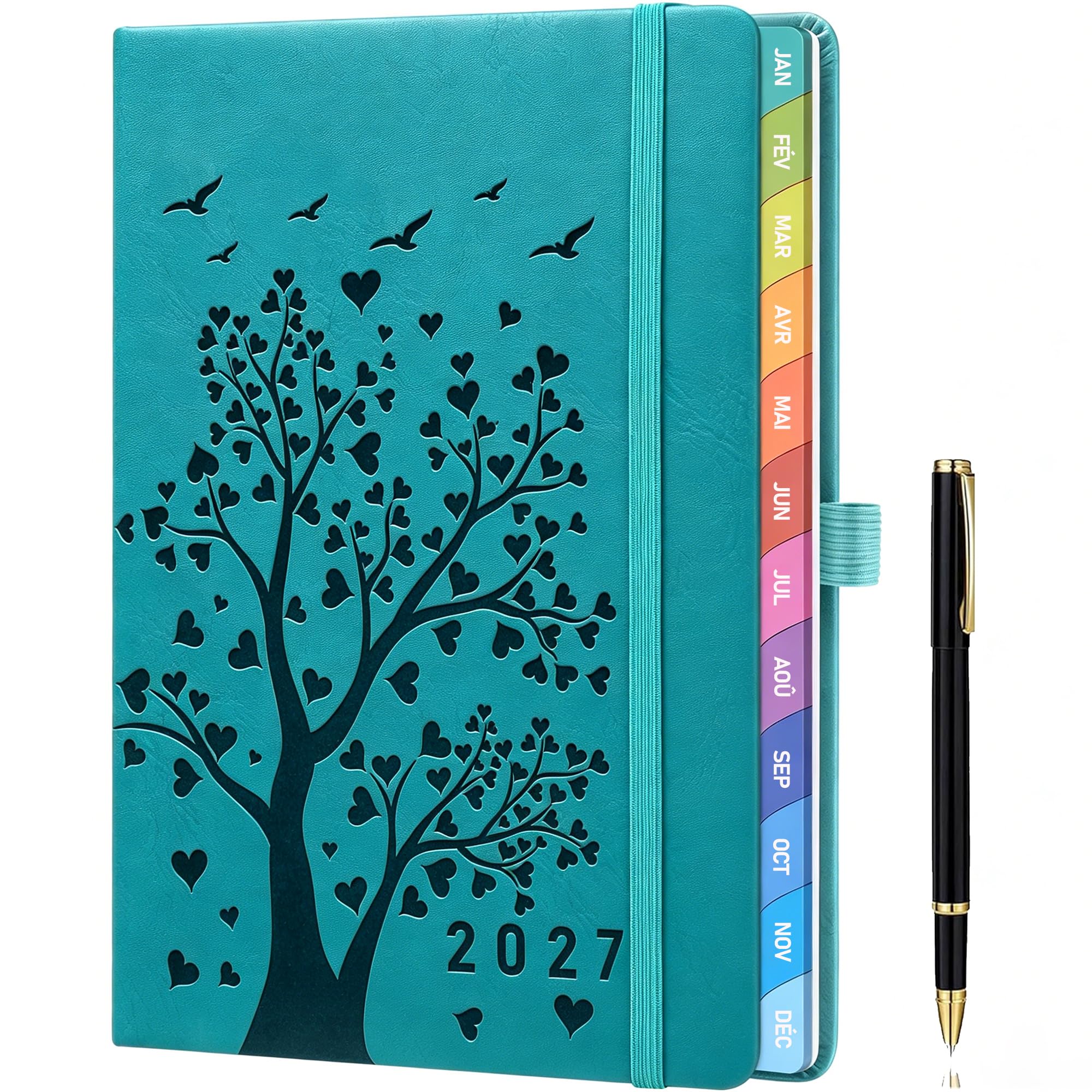 2027 Agenda A5 semainier (janv 2027 - déc 2027) - Bleu marine, onglets mensuels colorés, porte-stylo élastique, 2 signets, passant pour stylo, pochette intérieure