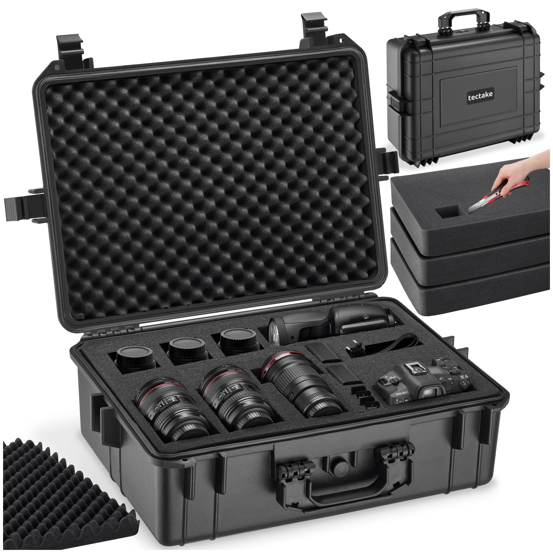 tectake® Malette de Protection, Inserts Mousse pour Appareil Photo, caméra & Accessoires ou Outils, Boite étanche, Valise étanche avec poignée & Serrure 4 Points, Résistante aux Chocs & Eau