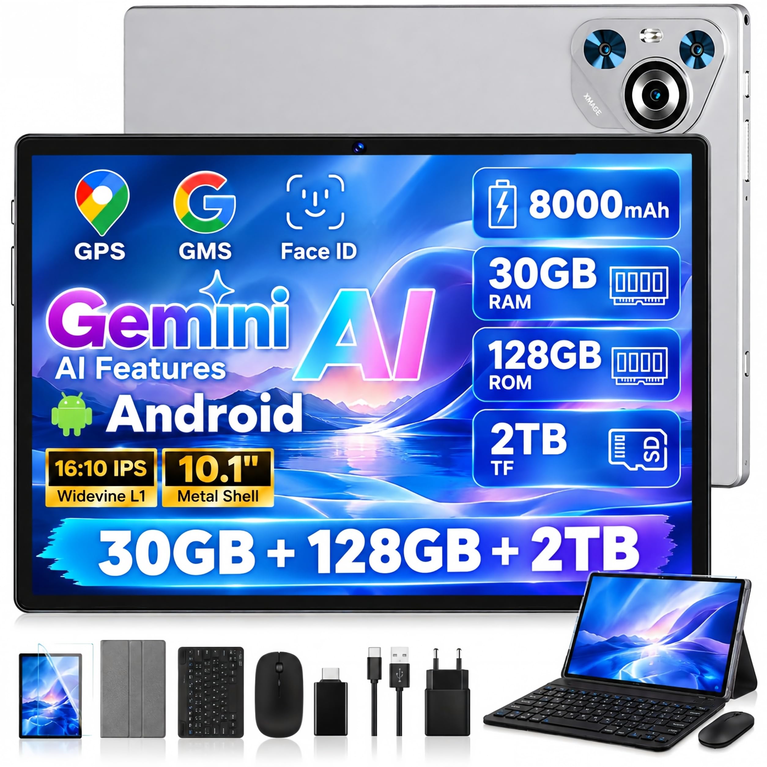 Dghrti Tablette 10,1 Pouces 2-en-1 avec Clavier et Souris, 128Go, Android 15, 30Go RAM, 8000mAh, Écran IPS HD, Widevine L1, Wi-FI 5 GHz, Gris