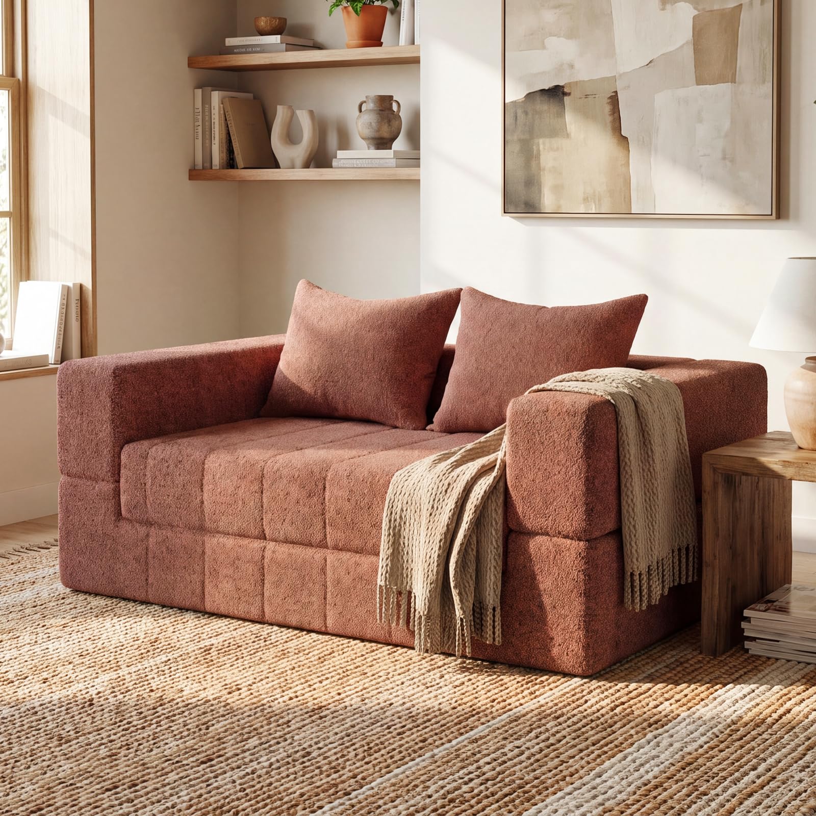 JUMMICO Canapé Lit Pliant 150 cm, Canapé Compressé sans Montage, Petit Canapé 2 Places en Chenille avec Coussins Confortables, Canapé Convertible Multifonctionnel Moderne， Terre Cuite