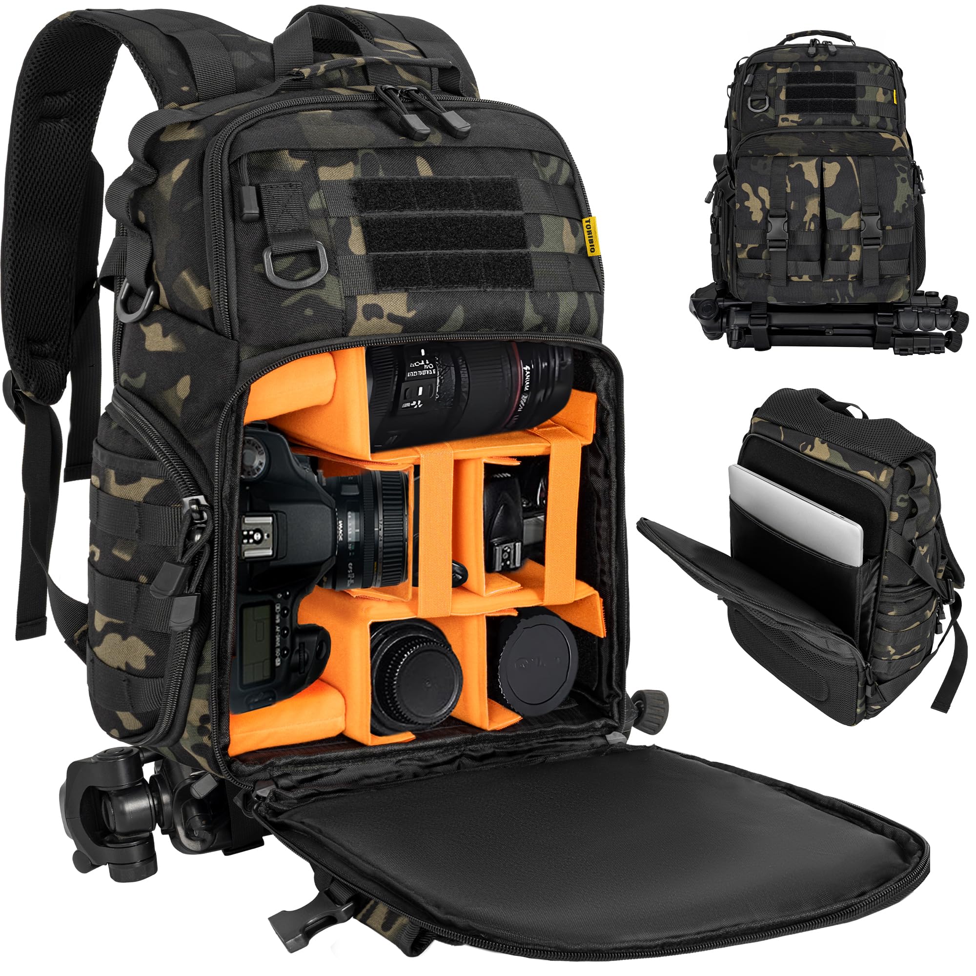 OUUTMEE Sac à Dos pour Appareil Photo pour DSLR/SLR, 26L,(Camouflage Noir) | Avec Housse de Étanche, Compartiment Ordinateur, Compatible avec Canon, Nikon, Insert Rembourré Amovible