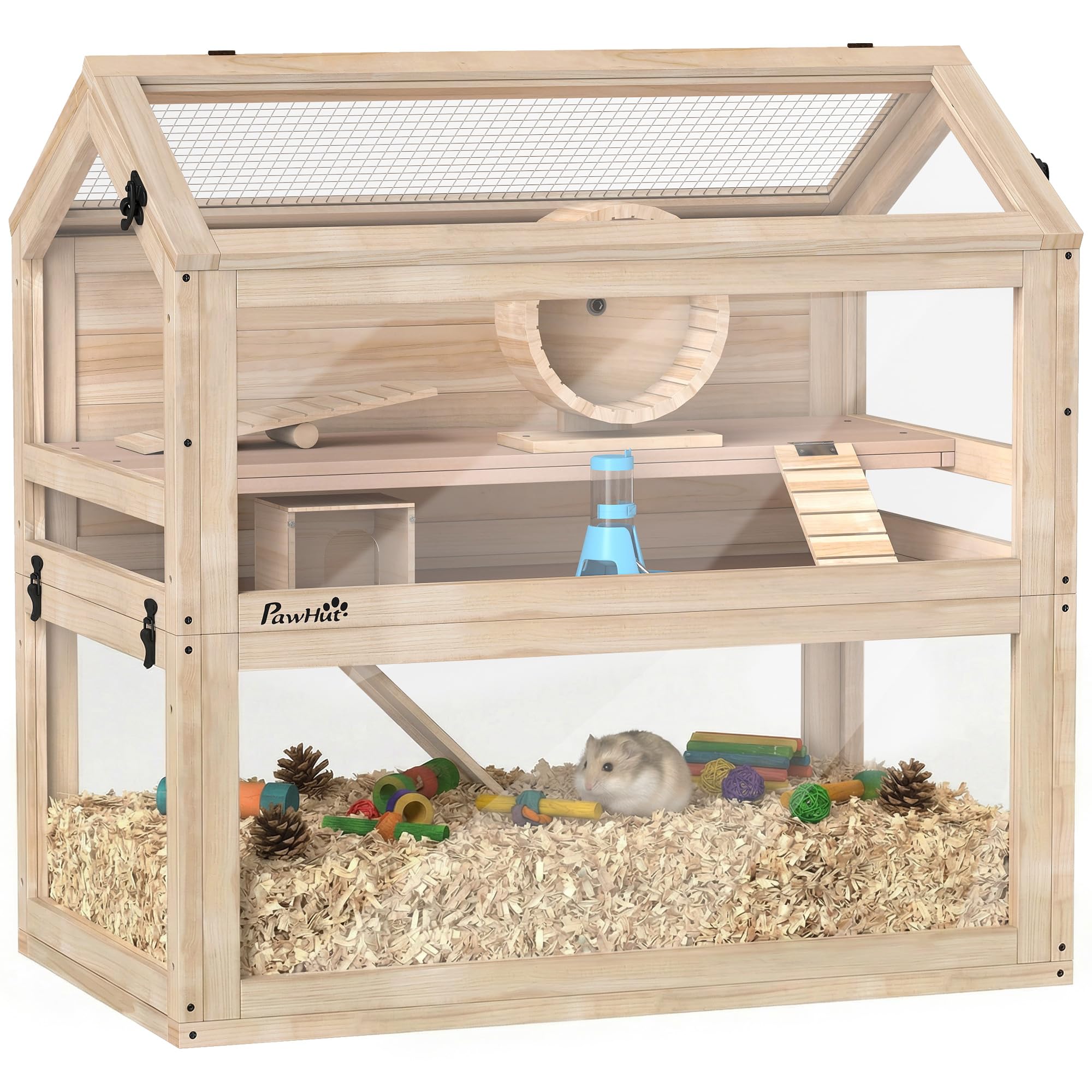 PawHut Cage Hamster XXL en Bois 3 Étages Bac Étanche Vue 360° 76x45,5x77cm | Habitats pour Rongeur, Panneaux Acryliques, Accessoires (Roue, Maison), pour Gerbilles, Souris, Hamster Nain