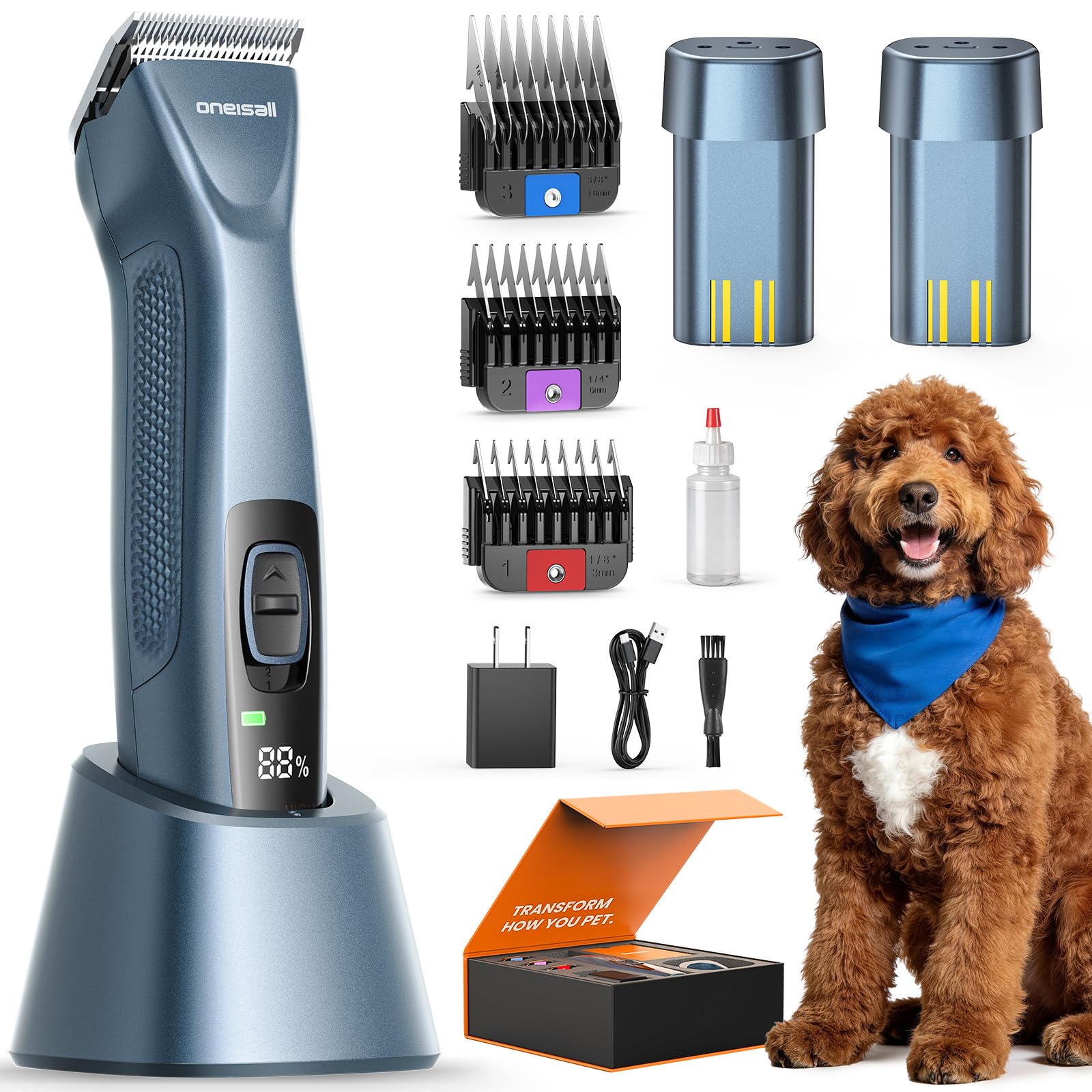 oneisall Tondeuse Professionnelle pour Chiens 2*batterie à Poils long epais, Tondeuse Chiens et Chats puissante, 2 Vitesses Silencieuse pour Animaux à Poils Epais|Longs|Bouclés, Batterie Amovible.