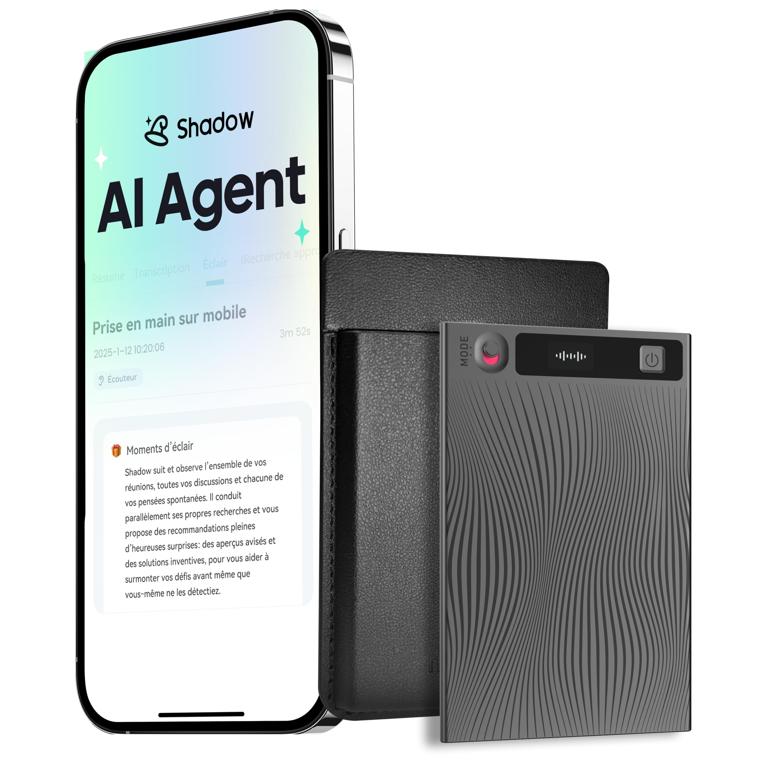 Mobvoi TicNote Enregistreur Vocal IA, Transcription 600 Min, Résumés | Leading AI LLM, Résumé IA, 64Go, jusqu'à 25H, 120+ Langues, Appels Cours Interviews, Double Mode, avec Étui