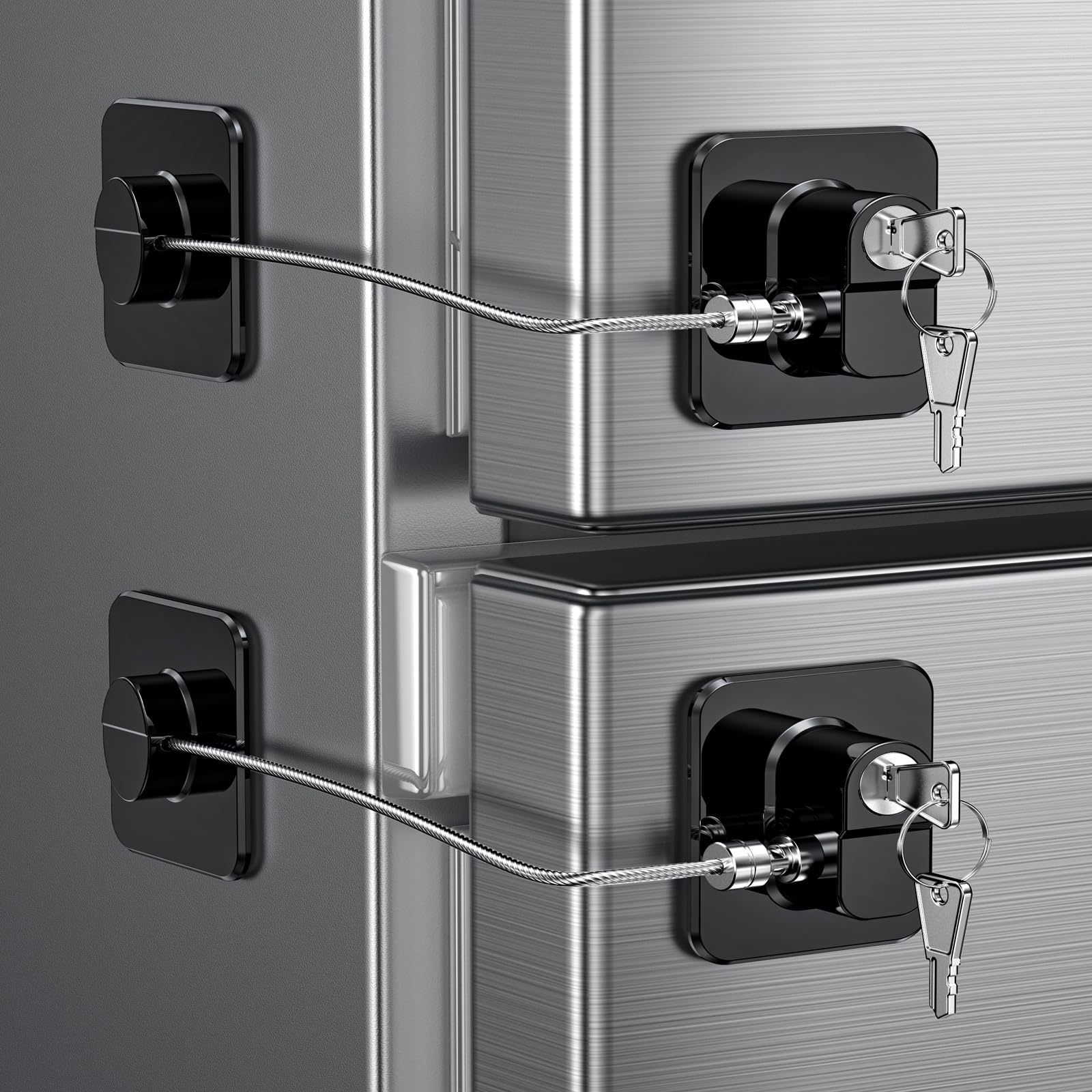 Lot de 2 Cadenas Frigo pour Bloque Réfrigérateur, Armoires et Tiroirs, Four, Fenêtres, Verrou Frigo Enfants Sans Percage ni Outils, Serrure Sécurité pour Bébés, Enfants et Adultes (Noir) (EU Brevet)