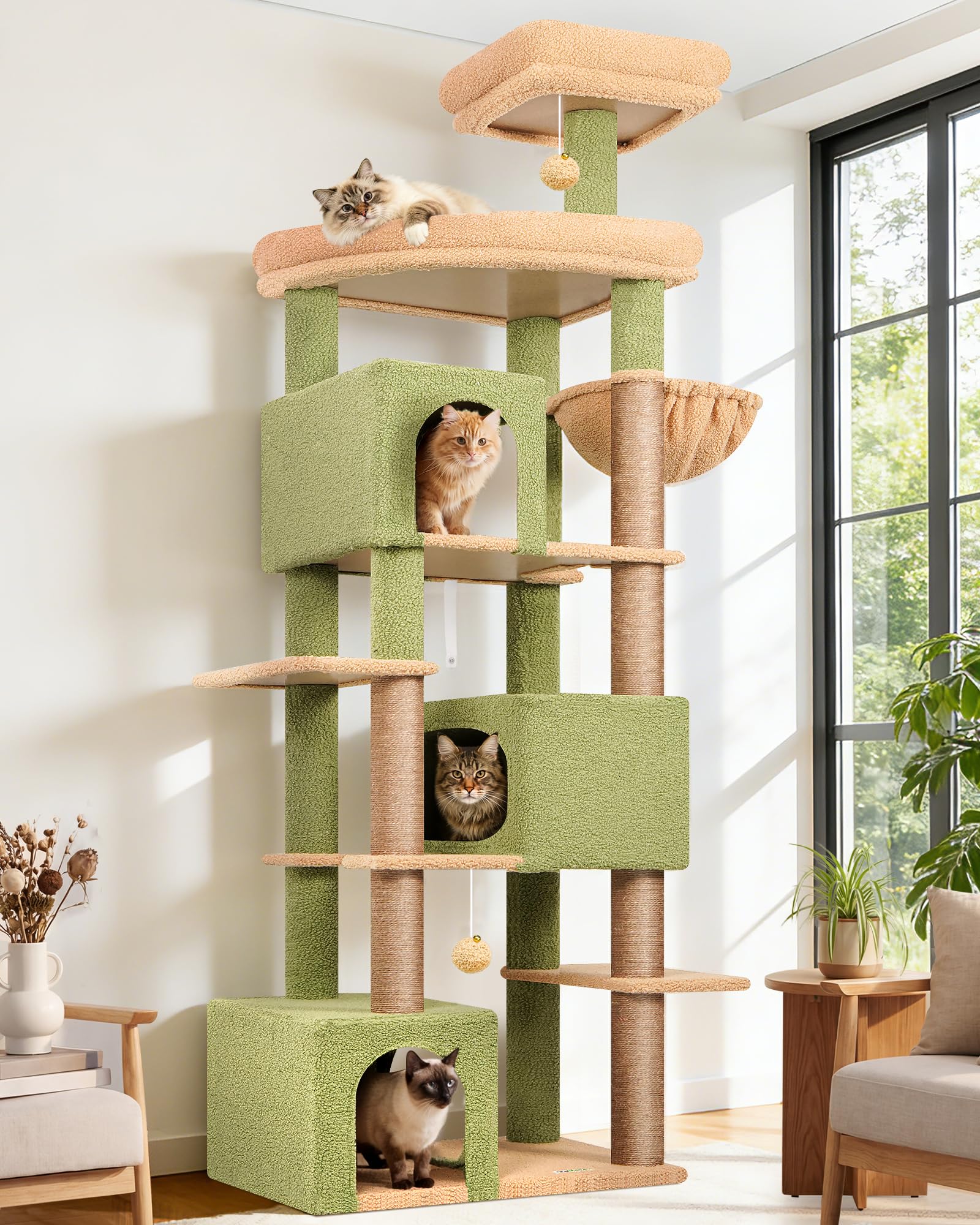 Globlazer S80 Arbre a Chat Cactus Vert XXL 204cm Stable pour 4-5 Grand Chat | Arbre à Chat avec 3 Grand Niches, Extra Large Plateforme, Griffer Sisal, Anti-basculement, Convient aux Maine Coons, Ragdolls