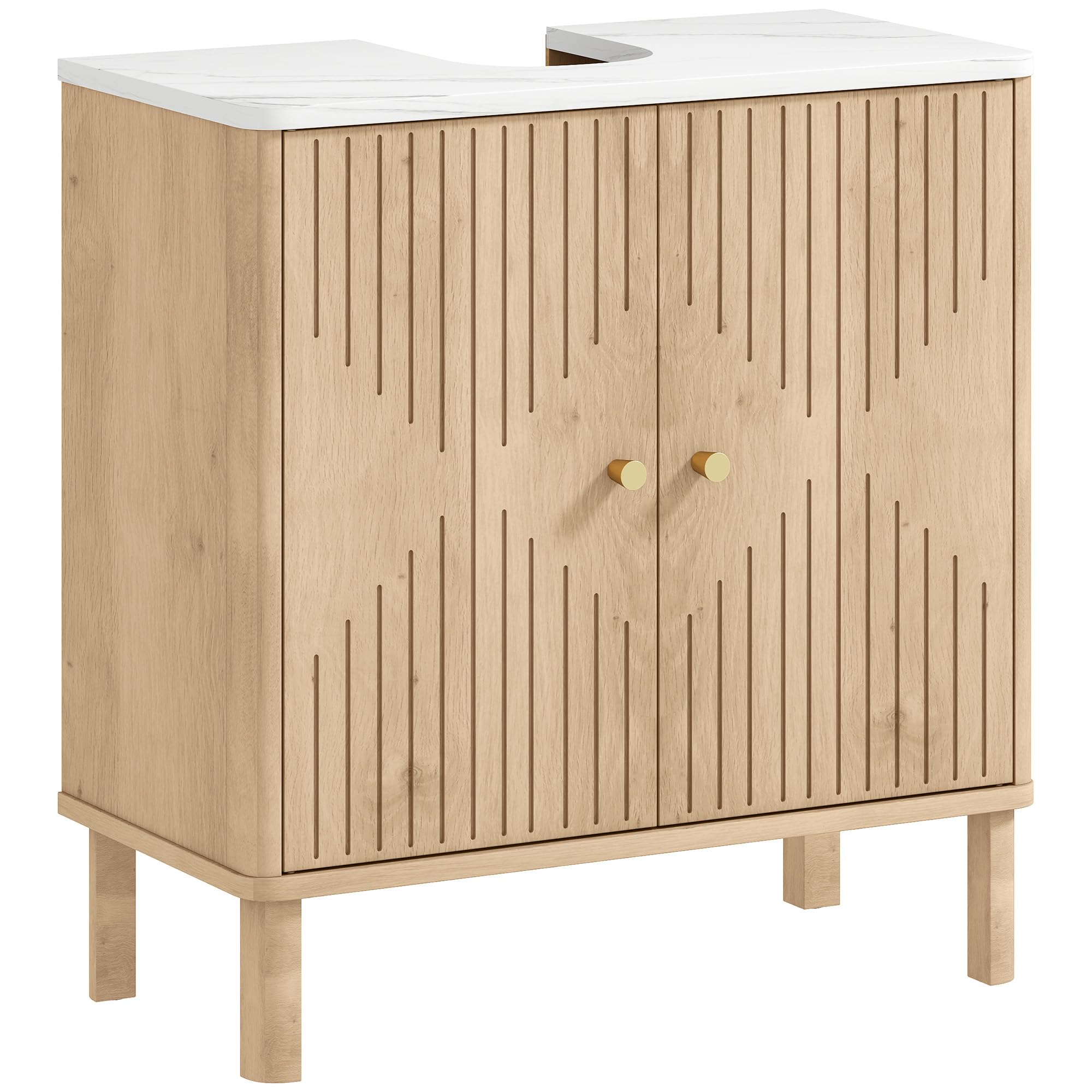 HOMCOM Meuble sous Lavabo avec Étagère pour Vasque, 60 x 30 x 63 cm, Chêne | Meuble de Salle de Bain sous Vasque, Étagère Réglable, Plan de Toilette Effet Marbre, avec ou sans Piédestal