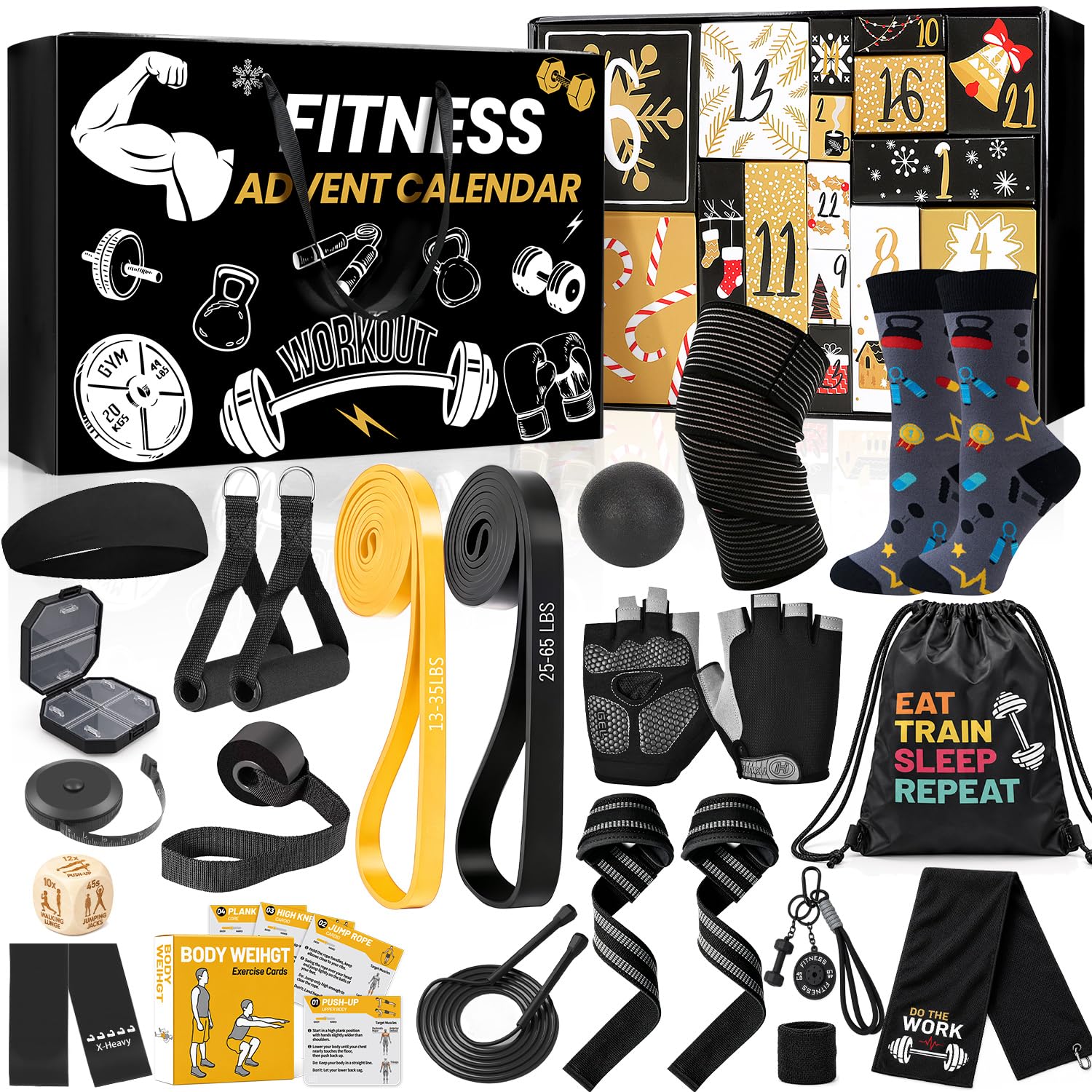 iZoeL Calendrier de l'Avent Homme Sport, Calendrier de l'Avent Fitness | Calendrier de l'Avent, Cadeau Noel, Elastique Musculation Gants Sport Resistance Band Cordes à Sauter, pour Papa Maris Fils