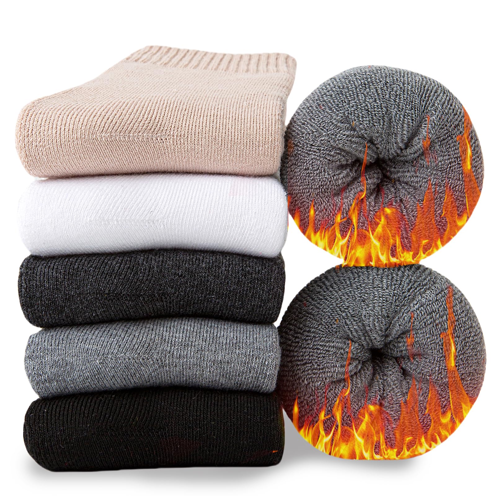 Josnown Chaussettes Chaudes Femme Chaussettes Hiver Thermiques en Laine | Semelles Épaisses en Tissu Éponge, Randonnée Maison et Loisirs, 5 Paires, Taille 35-42