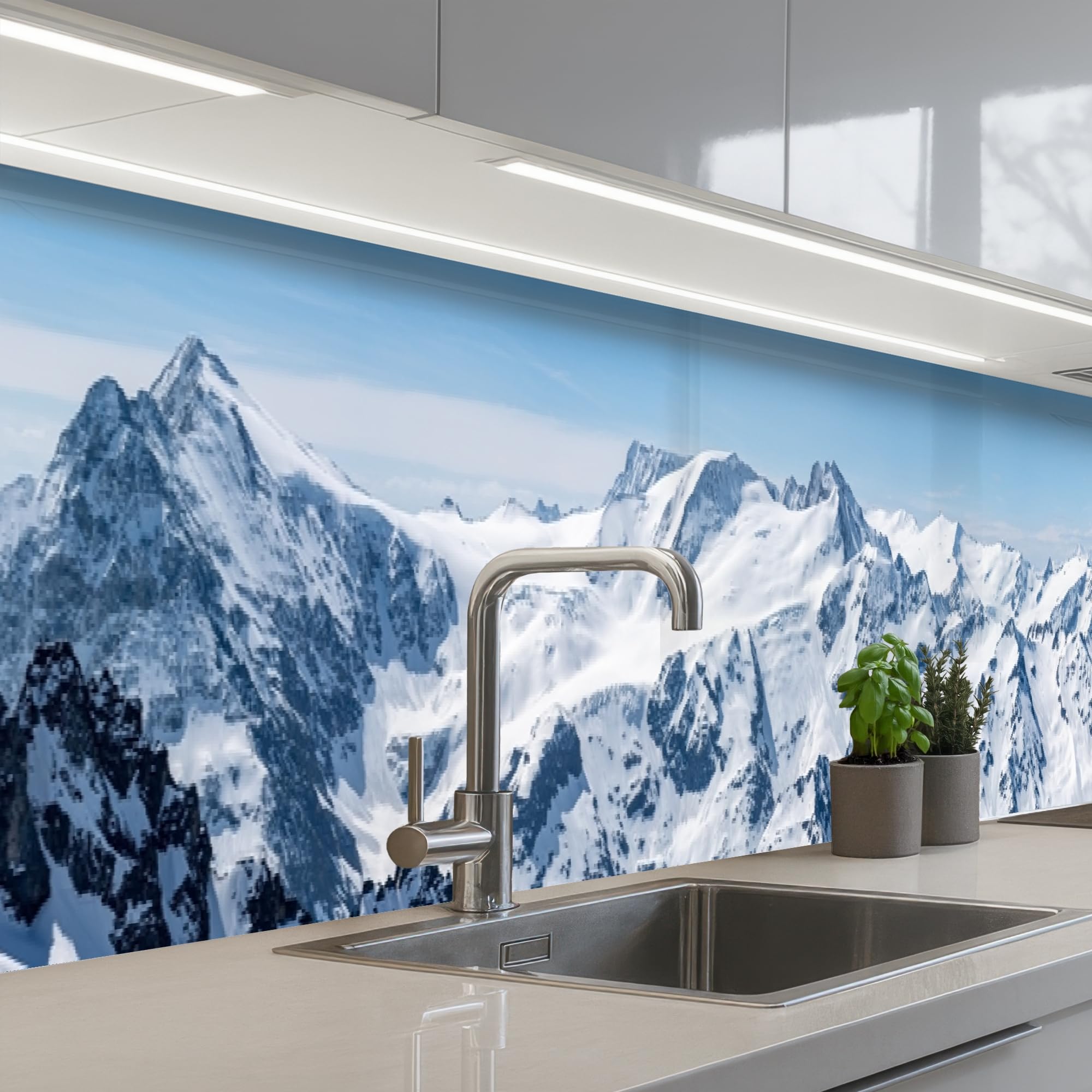 KitchenYeah© Crédence Adhésive Cuisine Résistant À La Chaleur Plaque | 60x400 cm - Adhesif Fond De Hotte Interieur Cuisson Sur Mesure Paysage - Montagnes - Neige - Blanc