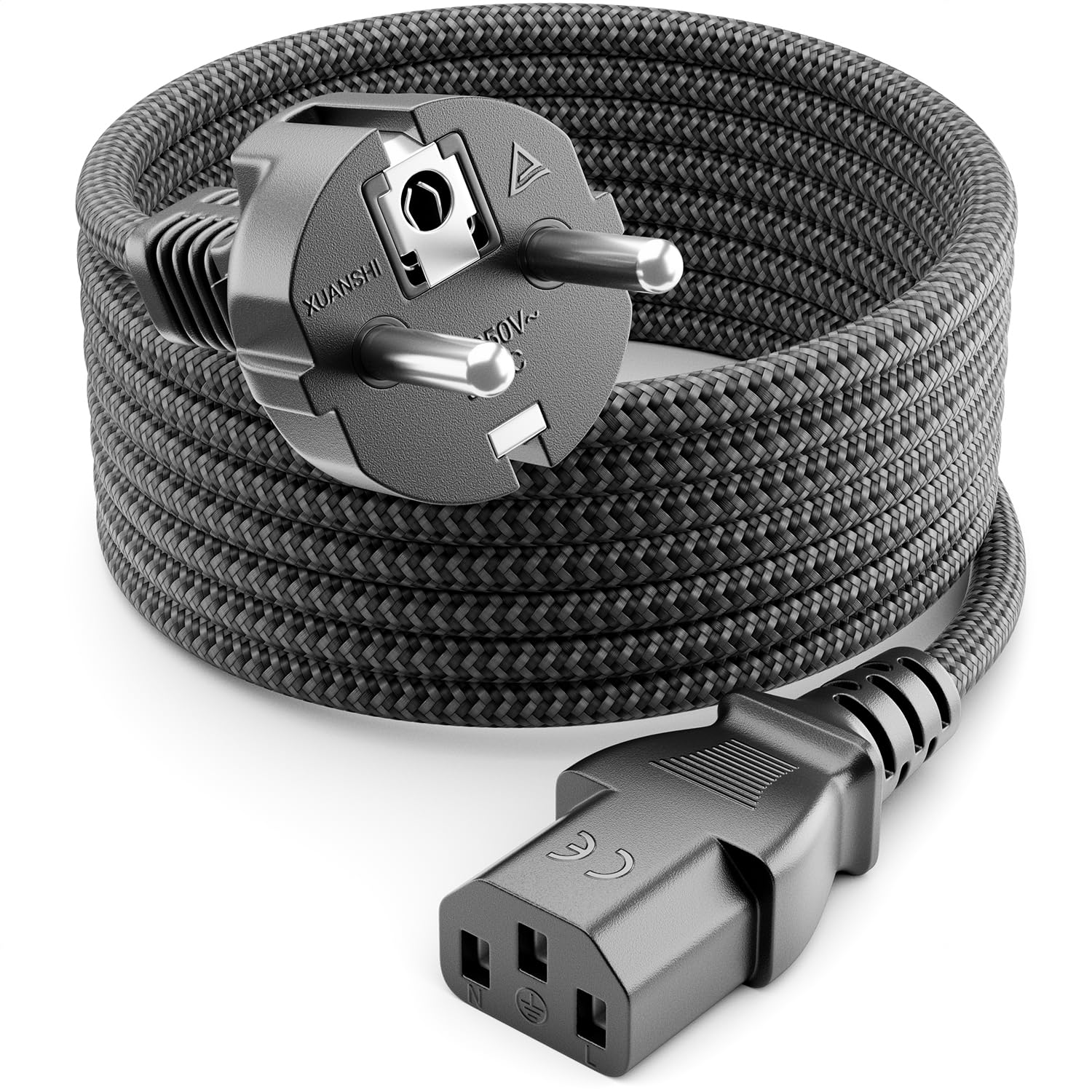 deleyCON 5m Câble D’alimentation Nylon Type F vers C13 3 Pôles - Gris | Câble d'alimentation, câble d'alimentation IEC, prise Schuko type F vers prise C13, pour PC, moniteur, imprimante