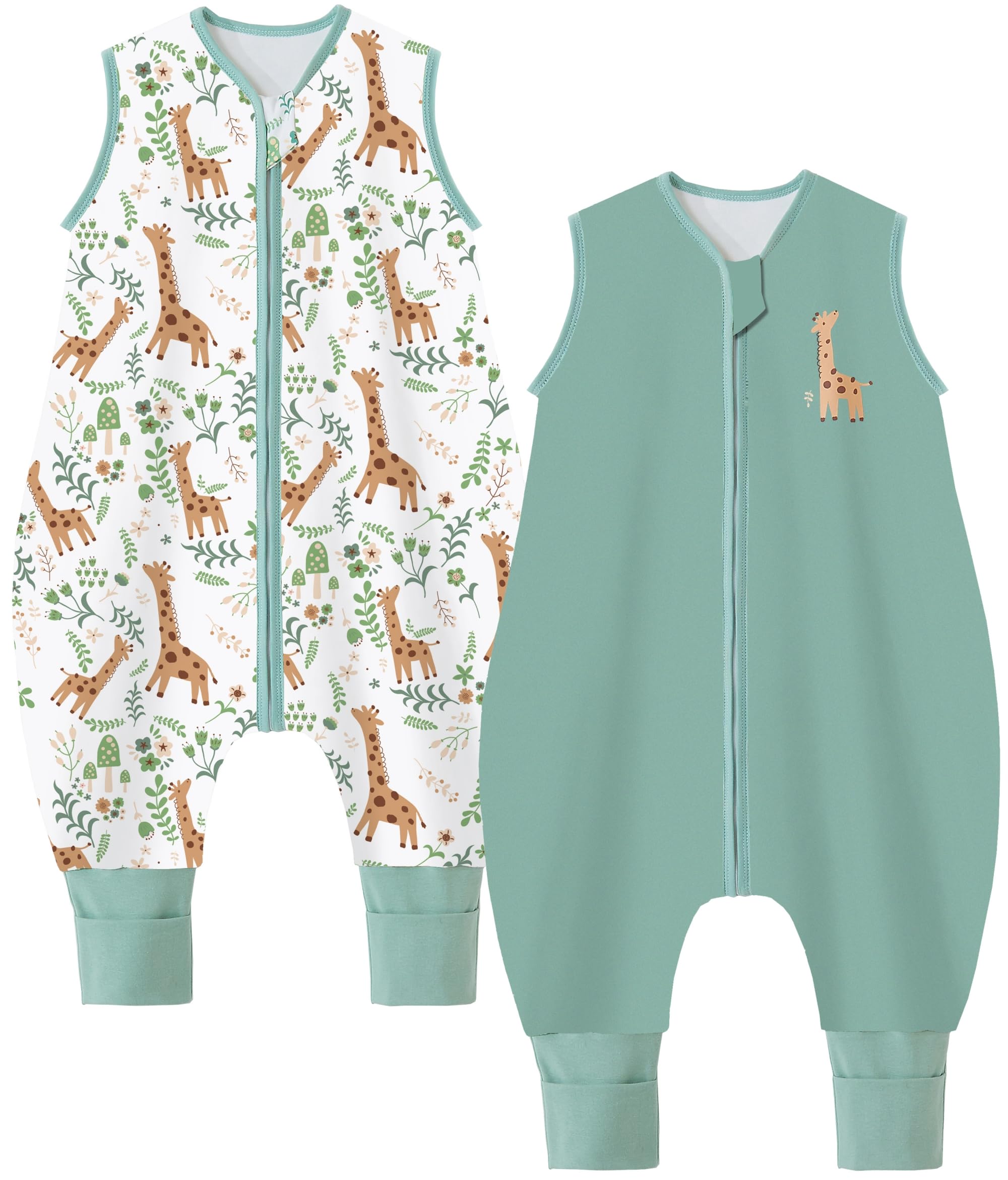Chilsuessy Gigoteuse pour bébé avec Pieds 1.5 tog 100% Coton Gigoteuse pour Enfant Toute l'année, 1.5 Tog/Vert + Girafe,