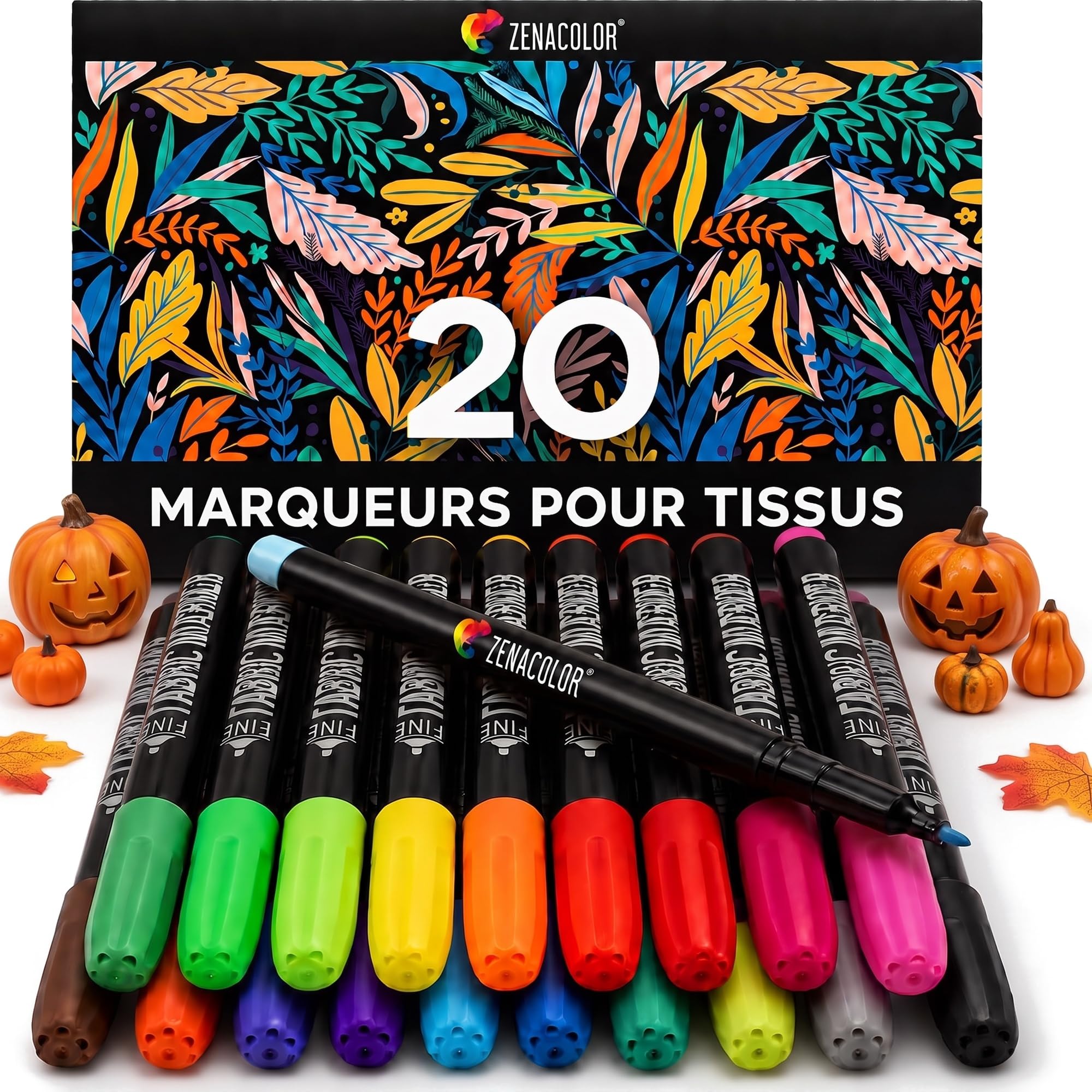 Zenacolor - 20 Feutres Textile et Tissu - Pointe Fine - Couleurs Permanents | Marqueurs Non toxiques · Indélébiles · T-shirt, Tote Bag, Sac et Autres Tissus · Lavable · Enfant et Adulte