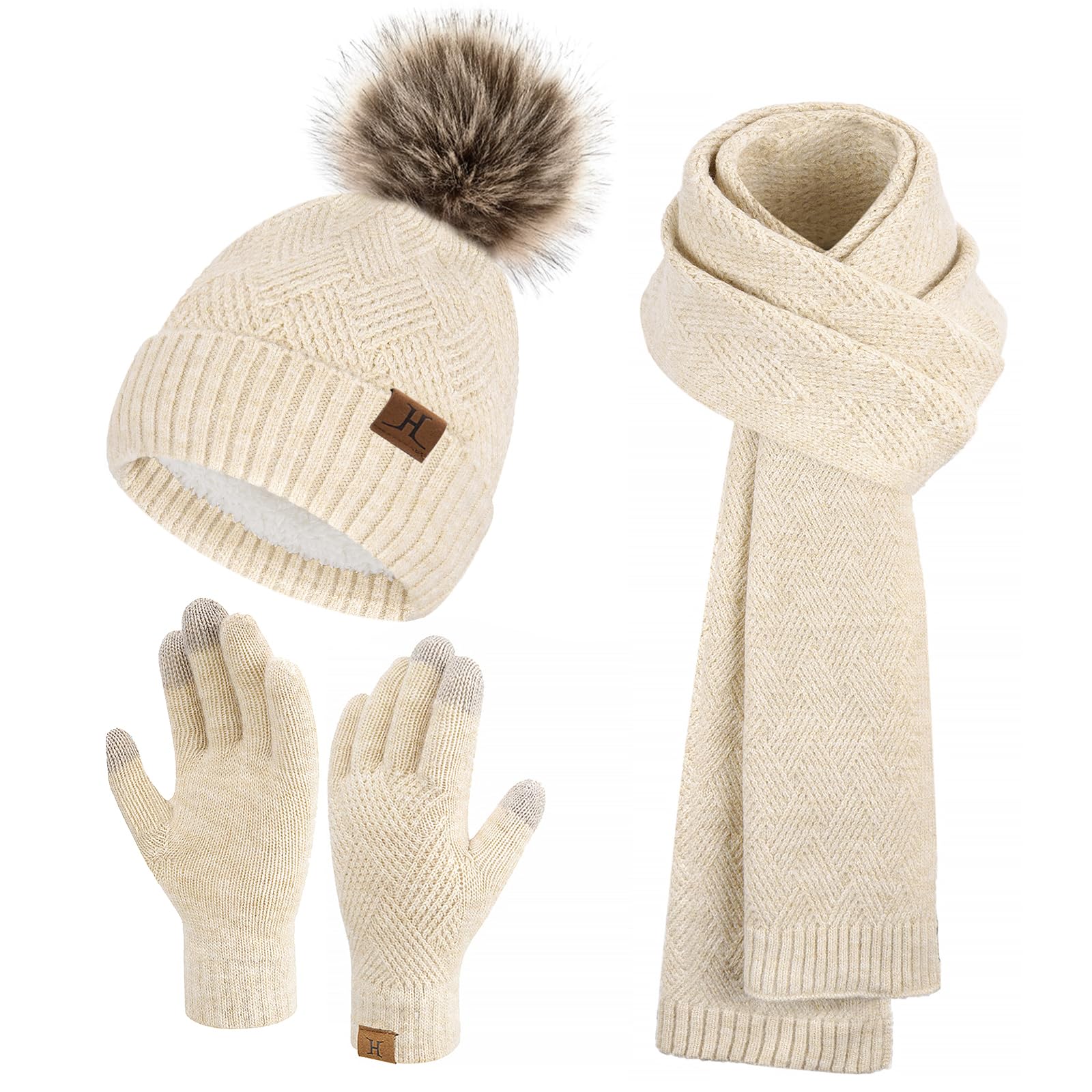 Bequemer Laden Bonnet Polaire Femme Echarpe Gants Tactiles Ensemble Chaud | Bonnets Pompom Chapeau Femme Écharpe Longue Tricot Gants Thermique Froid Idee Cadeau Noel pour Conduite, Course à Pied, Vélo