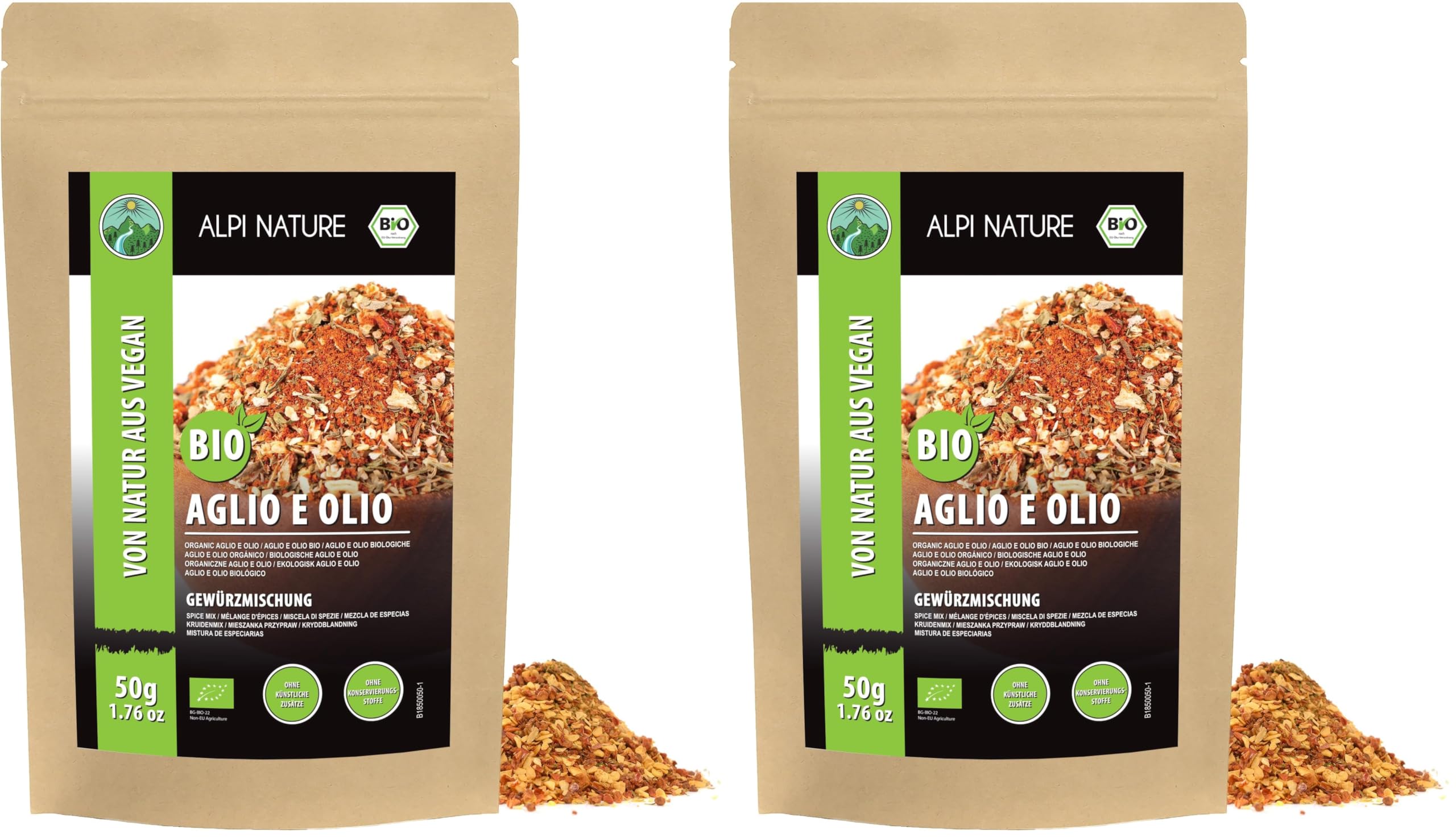 Alpi Nature Aglio e Olio Assaisonnement BIO 50g, Assaisonnement Italien, Mélange d'épices Piquantes (Lot de 2)