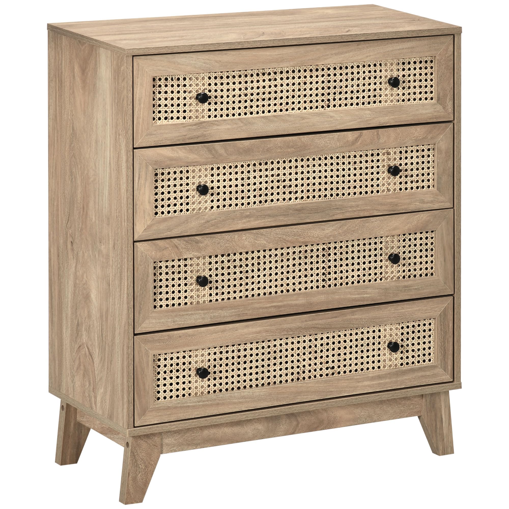 HOMCOM Commode 4 Tiroirs Cannage Rotin 80 x 35 x 95 cm Bois Clair | Meuble de Rangement avec Cannage en Rotin