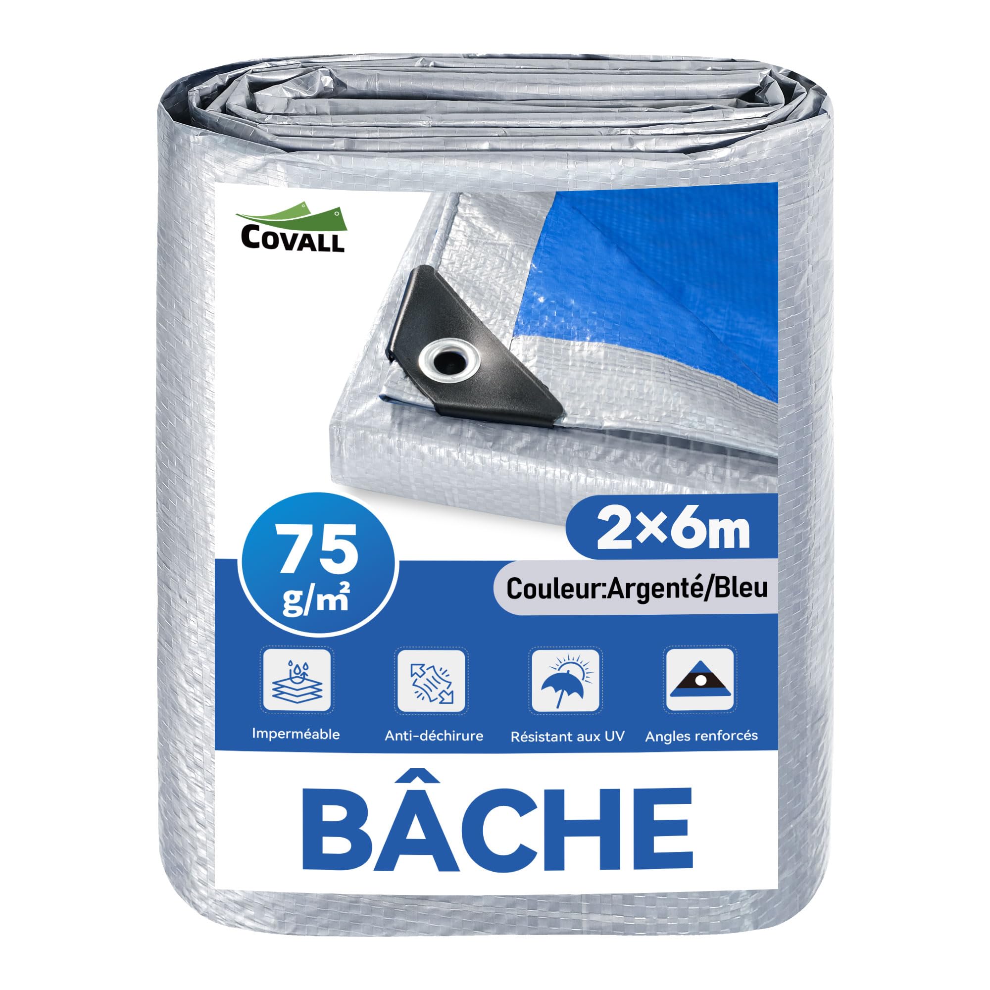 COVALL Bâche 2X6m 75g/m² Bâche de Protection extérieure imperméable | Bâche Double Face Bleu Argenté,résistante au gel et aux UV, pour jardin, tonnelle, camping, meubles, abri de jardin