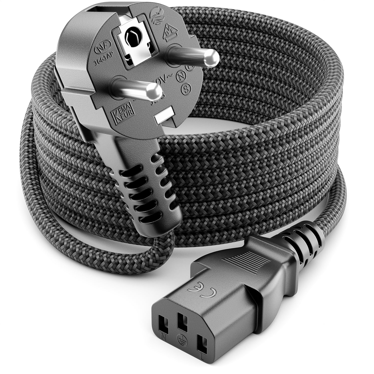 deleyCON 3,0m Câble D’alimentation Nylon Type F vers C13 90° - Gris | Câble électrique, câble d'alimentation IEC, fiche de sécurité coudée à 90°, pour PC, ordinateur, moniteur, imprimante