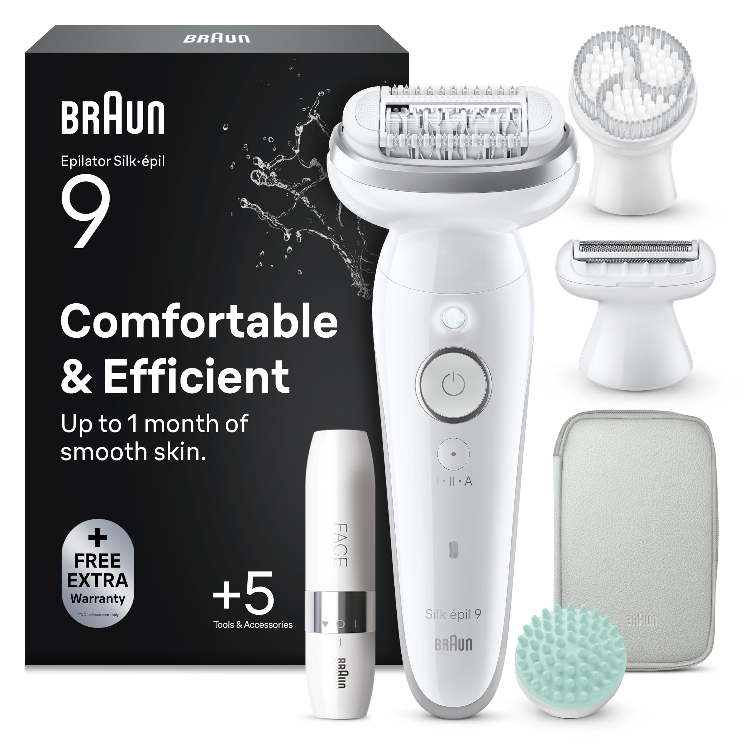 Braun Epilateur Electrique Femme Silk Epil 9 SkinSpa 9-381, Argent | Etanche, sans Fil, Tête Pivotante, Coffret Epilation Tout-en-Un avec Sabot Tondeuse, mini Rasoir Visage, Coussin de Massage