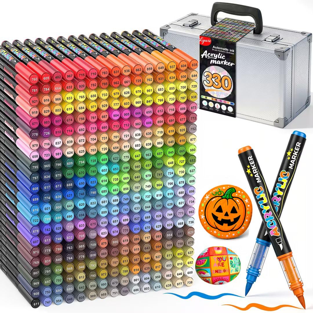 Lyuvie 330 Colours Feutre Acrylique, Acrylic Paint Brush Marker à Peinture à Base D'eau, Marqueur Peinture Acrylique pour la Peinture sur Pierre,Bois,Galets,Papier, Tissu,Verre, Plastique