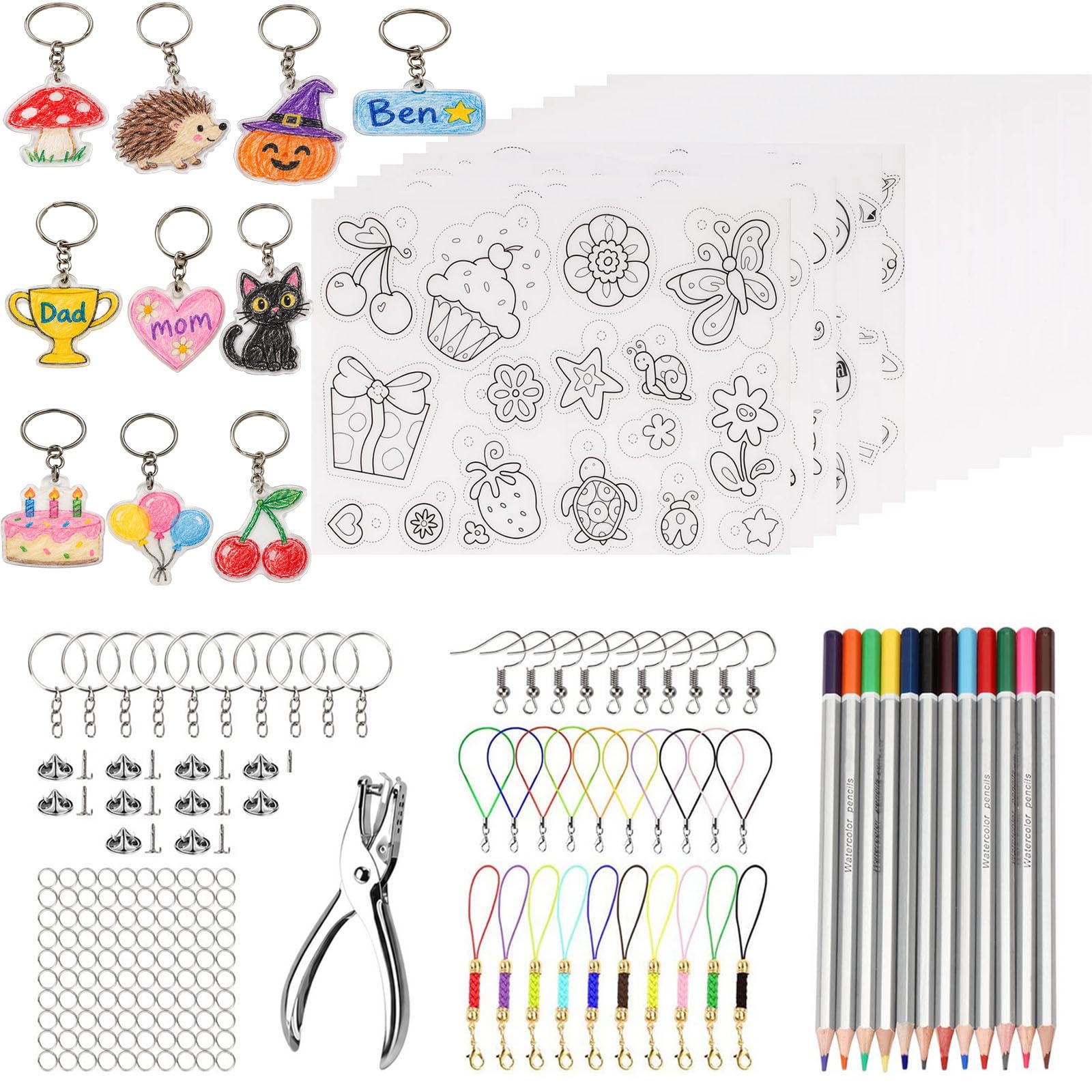 SUNANFBEST Set de Plastique Fou – Plastique Fou Porte-Clé, Papier Fou pour DIY – Feuille Magique pour Garçons et Filles – Films Rétractables pour Fabrication de Pendentifs, Porte-Clés et Plus DIY
