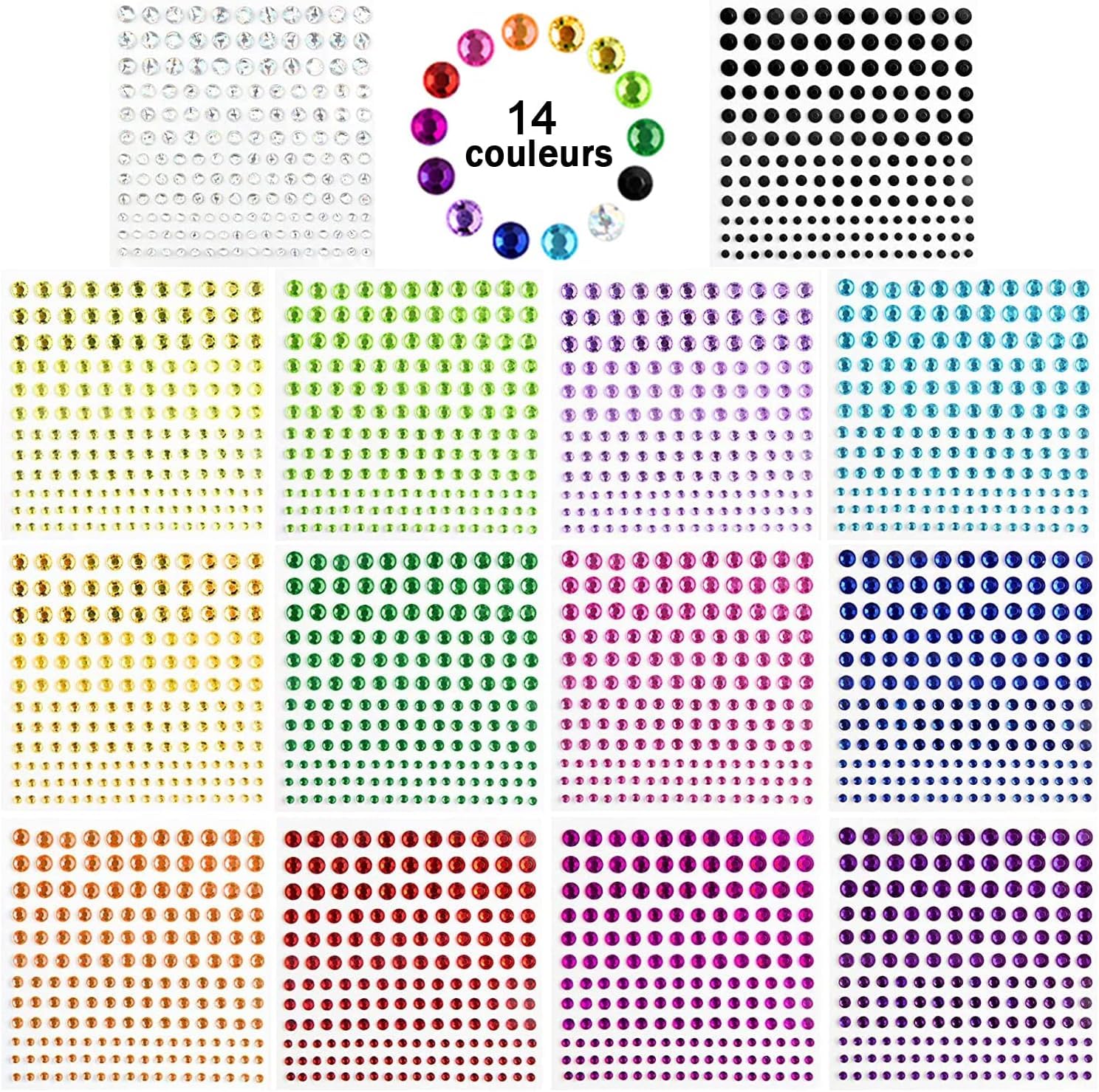 Meafeng Strass Visage Autocollants, 2300+ Pièces, 14 Feuilles Multicolores | Autocollants auto-adhésifs pour visage, ongles, fêtes, DIY et décoration