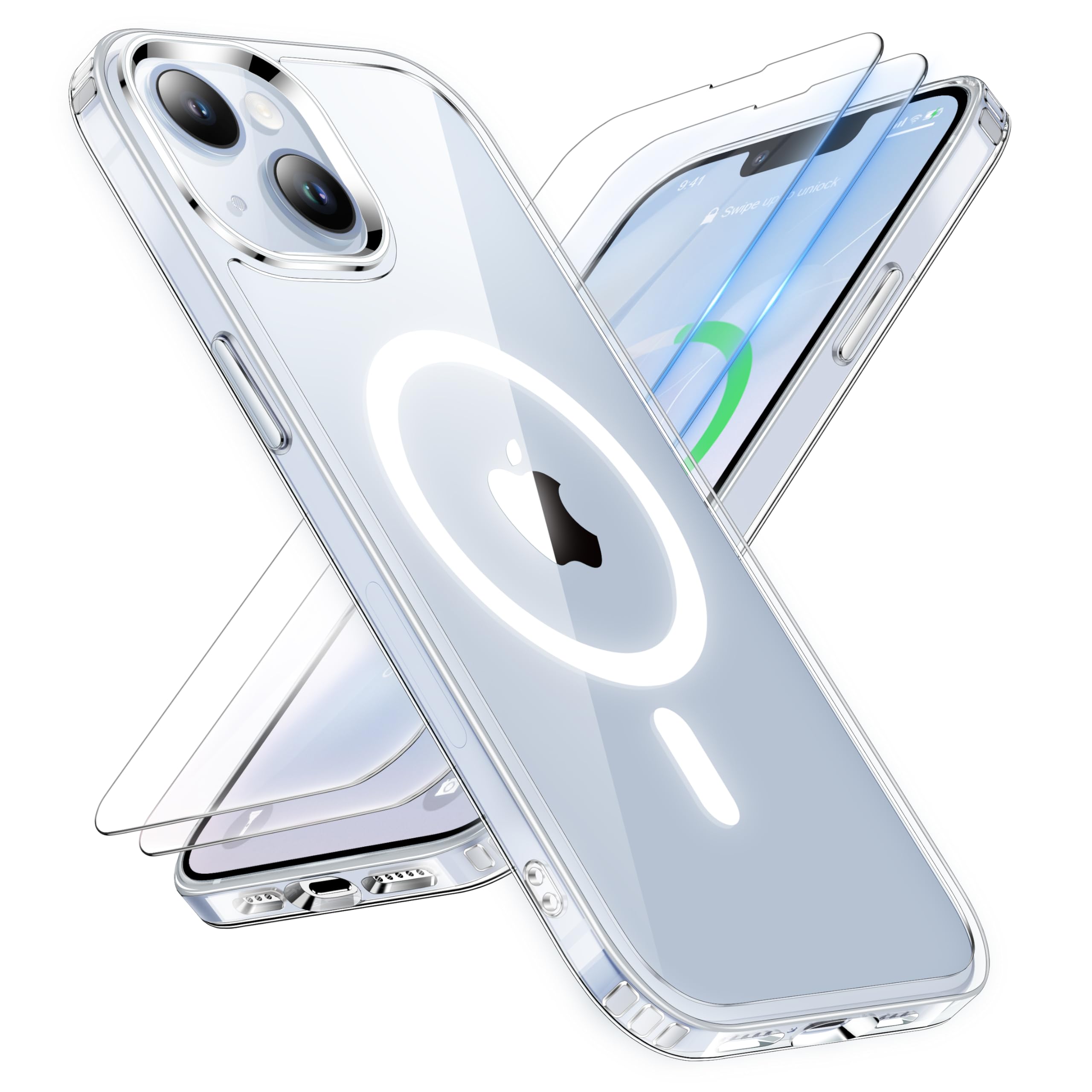 ORETECH Magnétique Coque pour iPhone 13/14,2 Verre Trempé,Transparent | Compatible avec Mag Safe, Protection Antichoc, Dos Anti Rayures PC Étui pour iPhone 14