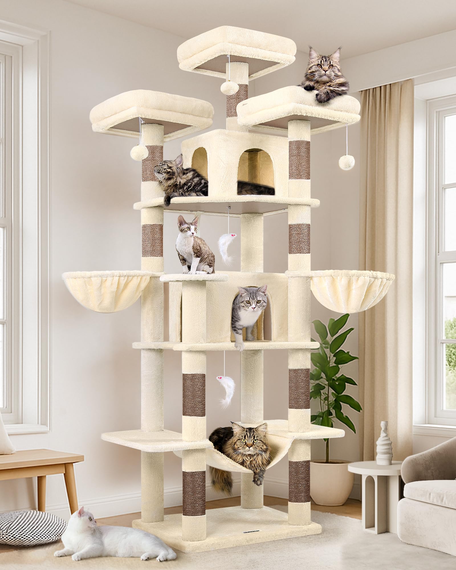 Globlazer F80 Super Grand Arbre a Chat Château 204 cm Plusieurs Chats | Solide Joli Arbre à Chat XXL avec Hamac 3 Perchoirs 2 Niches 2 Paniers Montage Facile pour 2/3/4 Chats Intérieur Chaton
