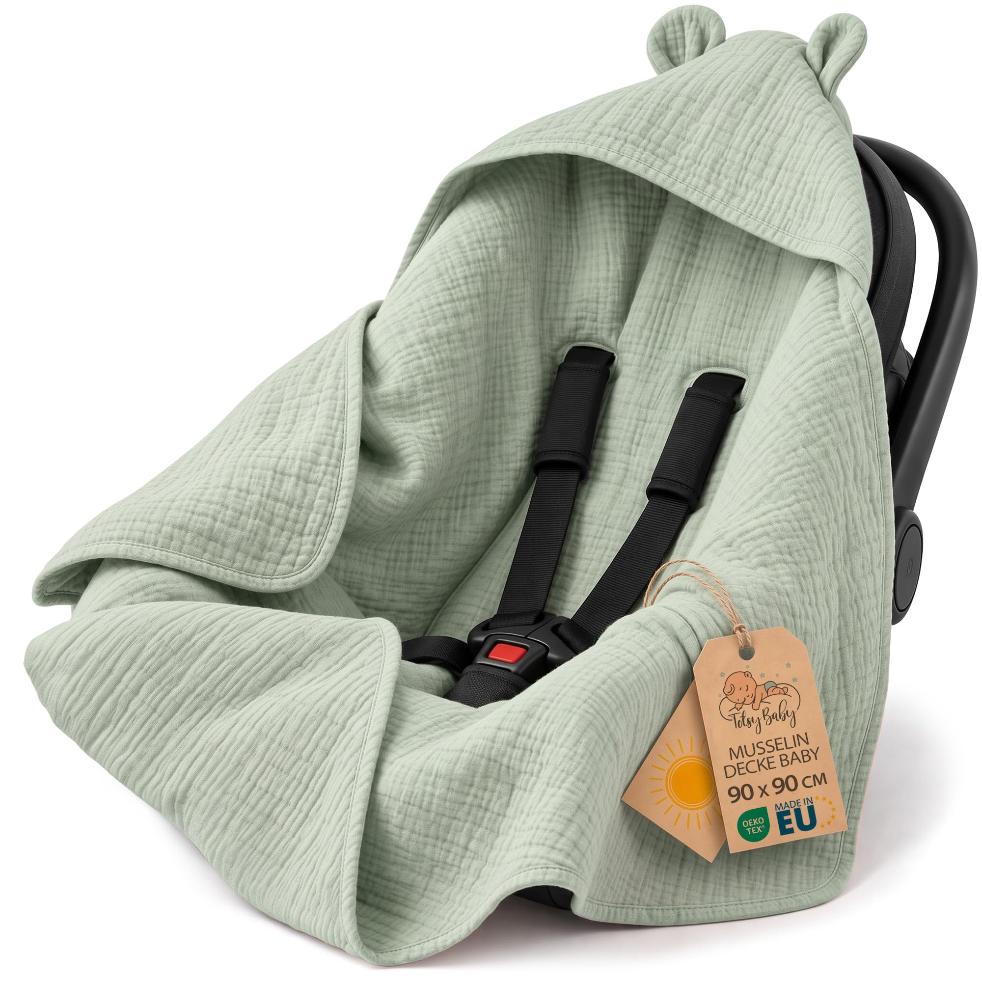 Couverture poussette mousseline légère siège auto été 85×85 cm | Plaid gaze coton respirant poussette nouveau-né capuche cadeau de naissance Sauge