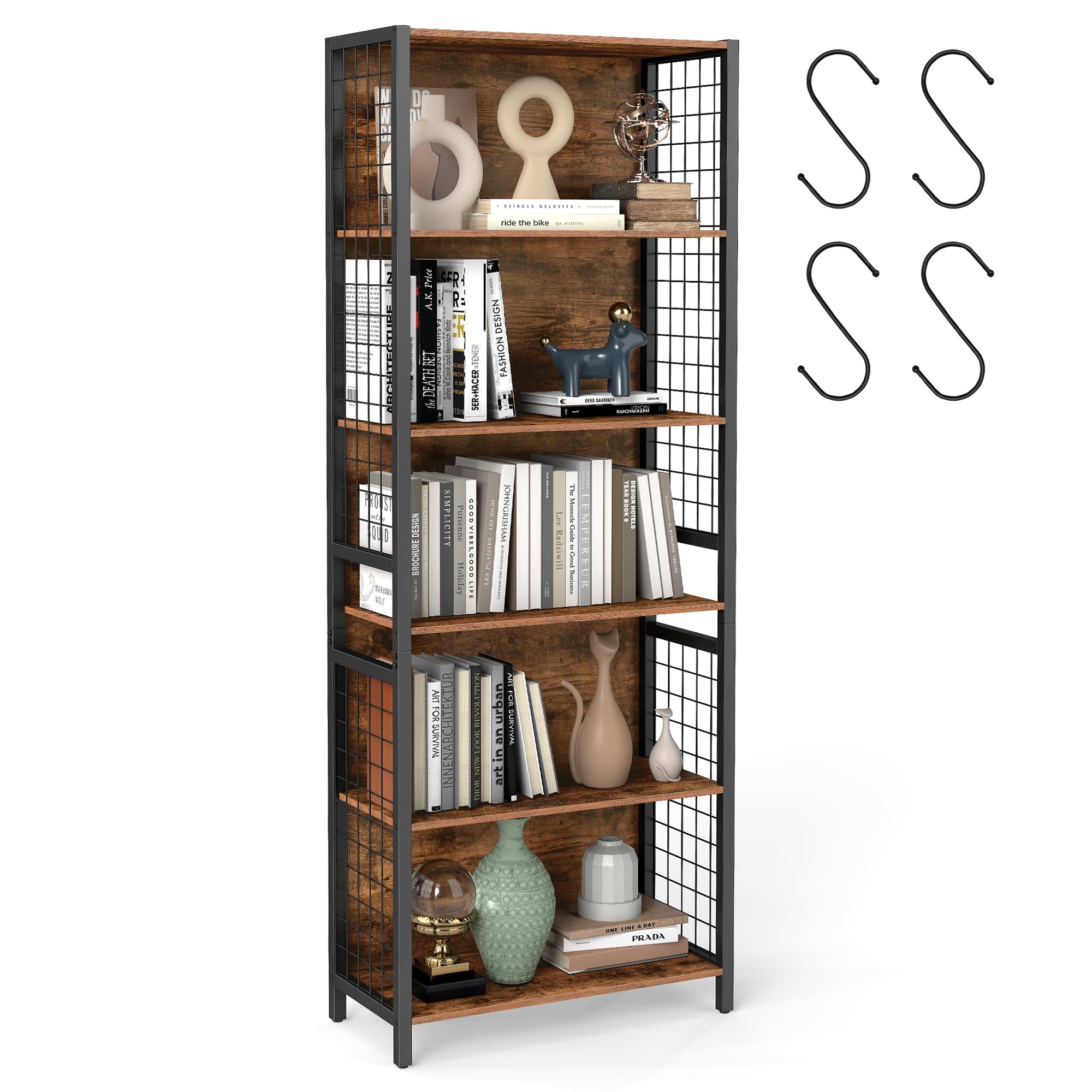 VASAGLE Bibliothèque, Étagère à 6 Niveaux, 60 x 30 x 175,6 cm | Meuble de Rangement, avec 4 Crochets en S, Cadre en Acier, Marron Rustique et Noir Mat, Collection DACEY LLS171K01