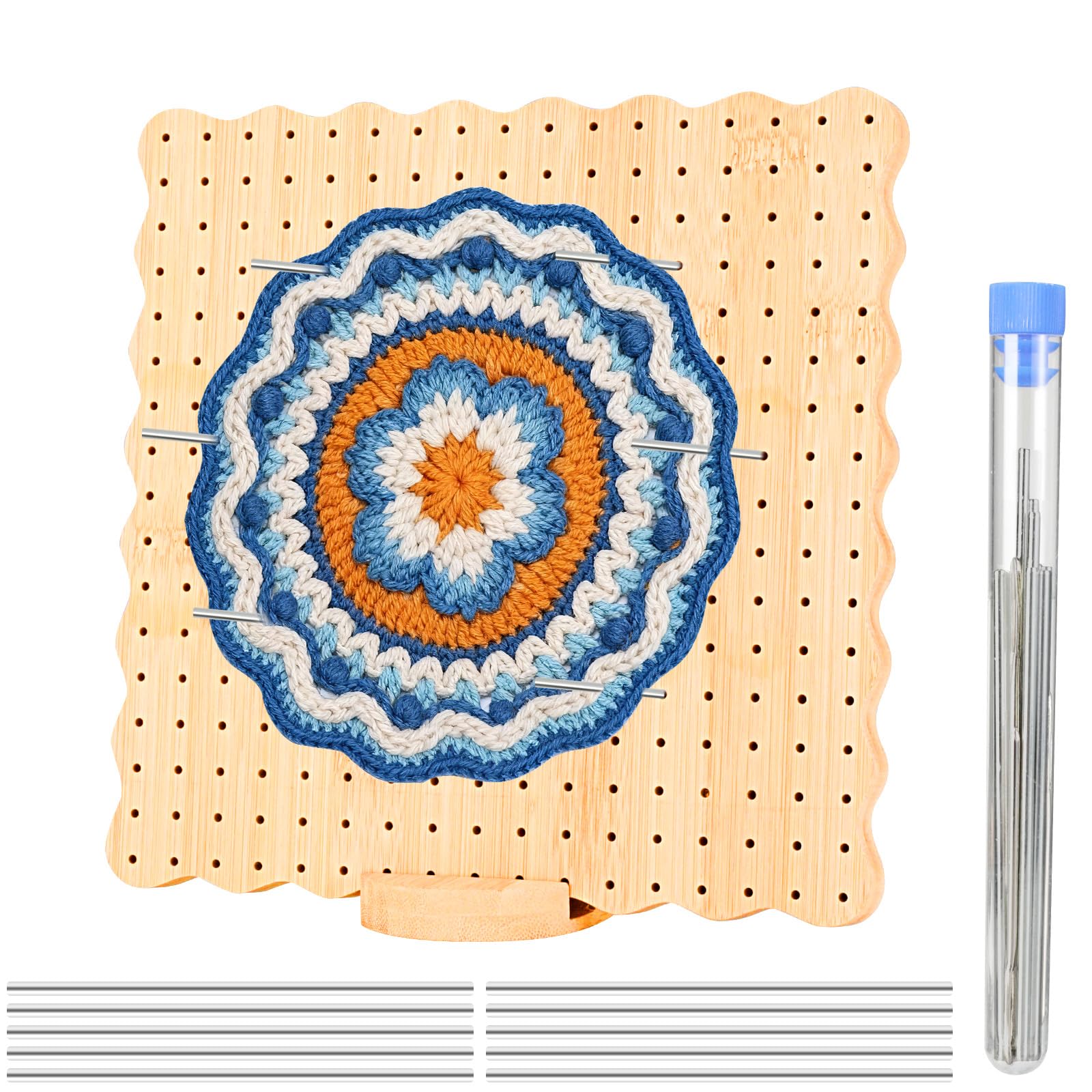 VINATO Blocking Board aus Bambus 23.5x23.5cm, Häkelbrett mit 289 Löchern, 10 Edelstahl-Nadeln & Ständer, Strickbrett Für Granny Squares, Motive und Spitze Blocking, Großformat