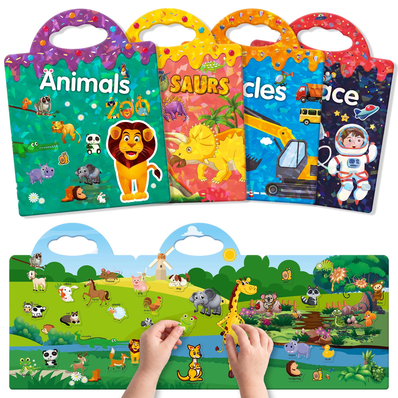 GUYUCOM Livres Gommettes Enfants, Pack 4(Dinosaure,Animal,Espace,Véhicules) | Autocollant Réutilisables, Stickers Book Transparents, Cadeaux d’Anniversaire Jouets Éducatifs Garçons Filles 2 3 4 5 6 Ans