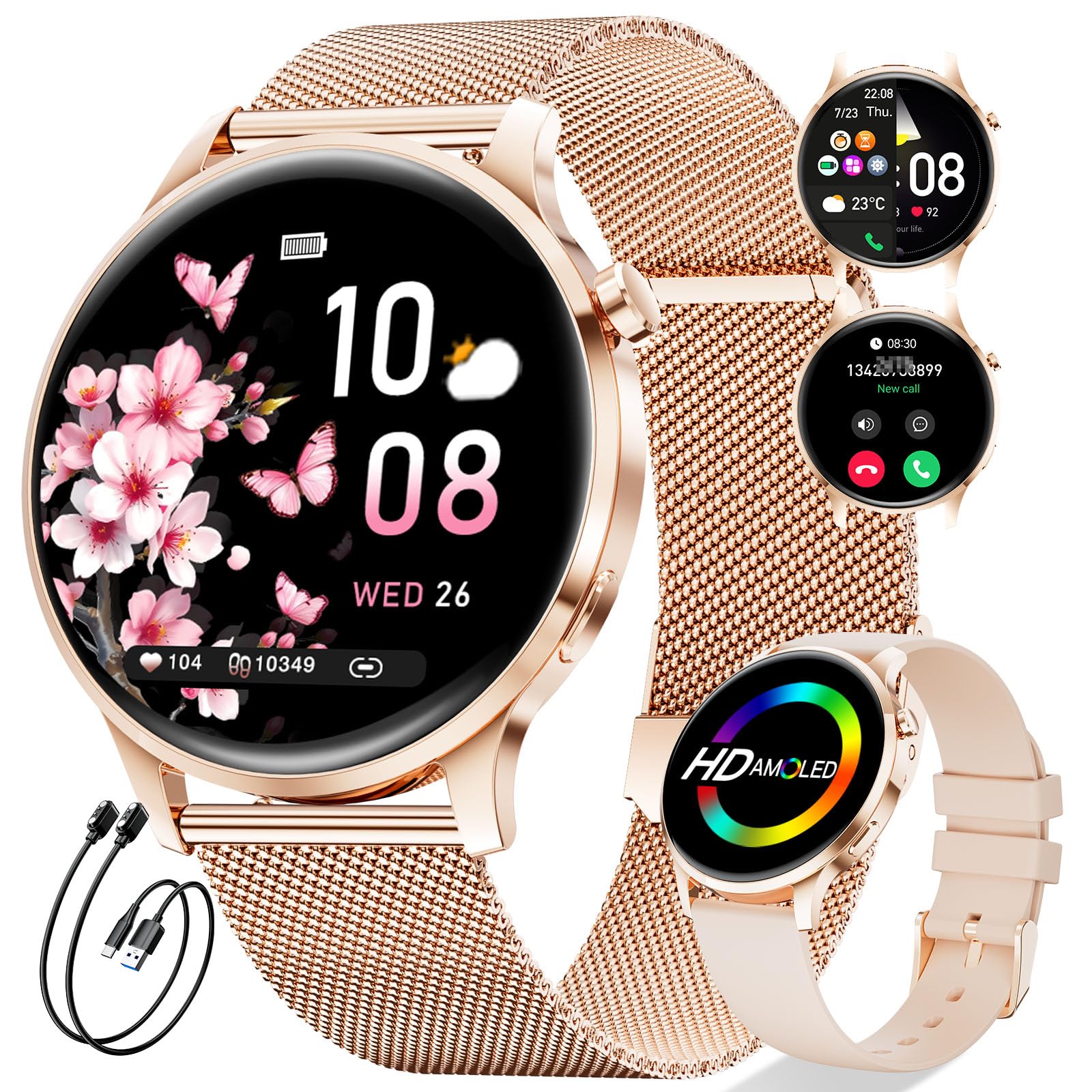 Montre Connectée Femme, Écran AMOLED 1,32" Ultra-fin Elégante Montre Femmes avec 2 Bracelets & 2 Câbles, 116 Modes Sport, Suivi du Cycle/Fréquence Cardiaque/Sommeil pour Android iOS, IP68, FV23-C