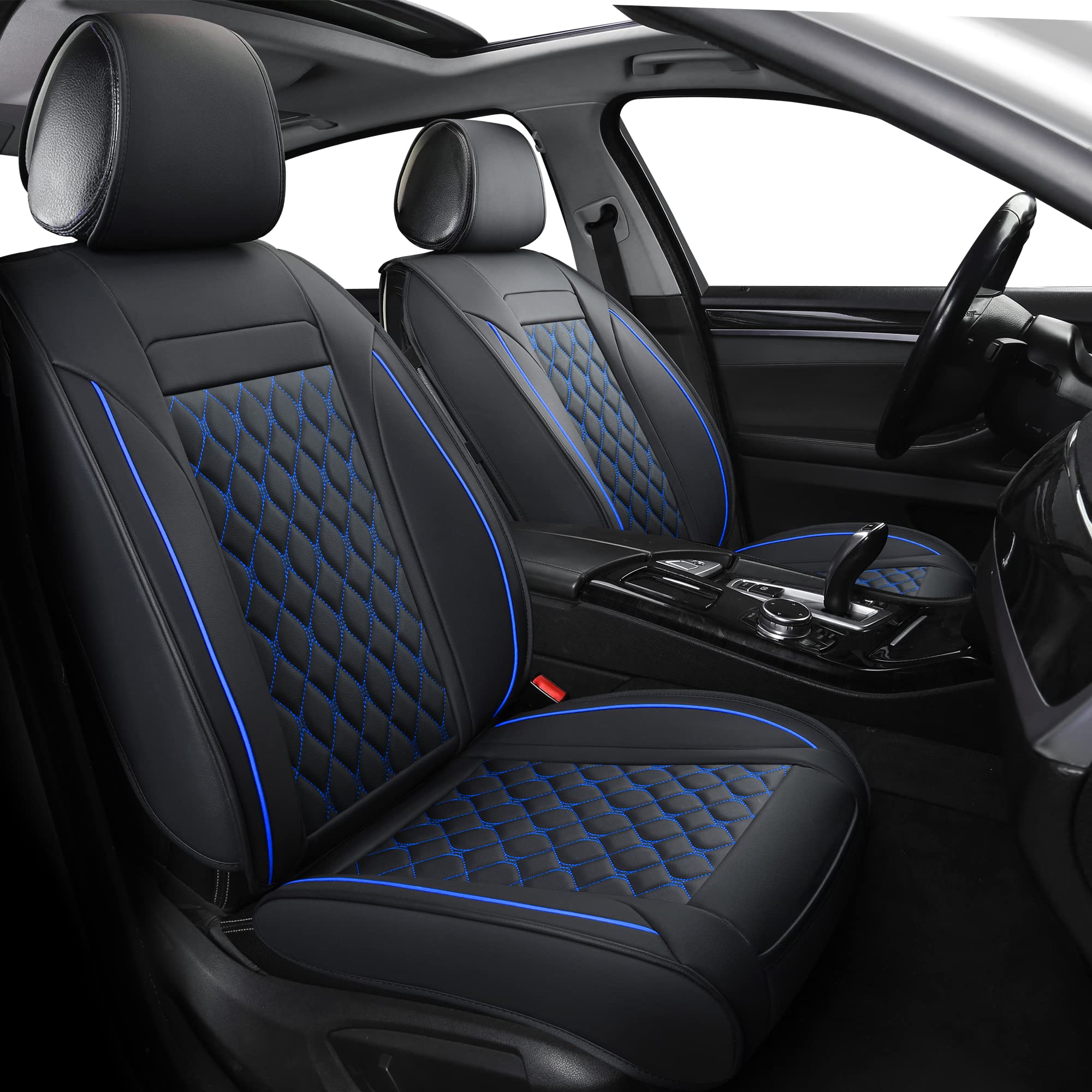 Ensemble Complet de Housses de siège de Voiture en Cuir synthétique, Ajustement Universel pour la Plupart des Voitures, SUV, berlines et Pick-up, pour 5 Voitures - Ensemble Complet, Noir/Bleu