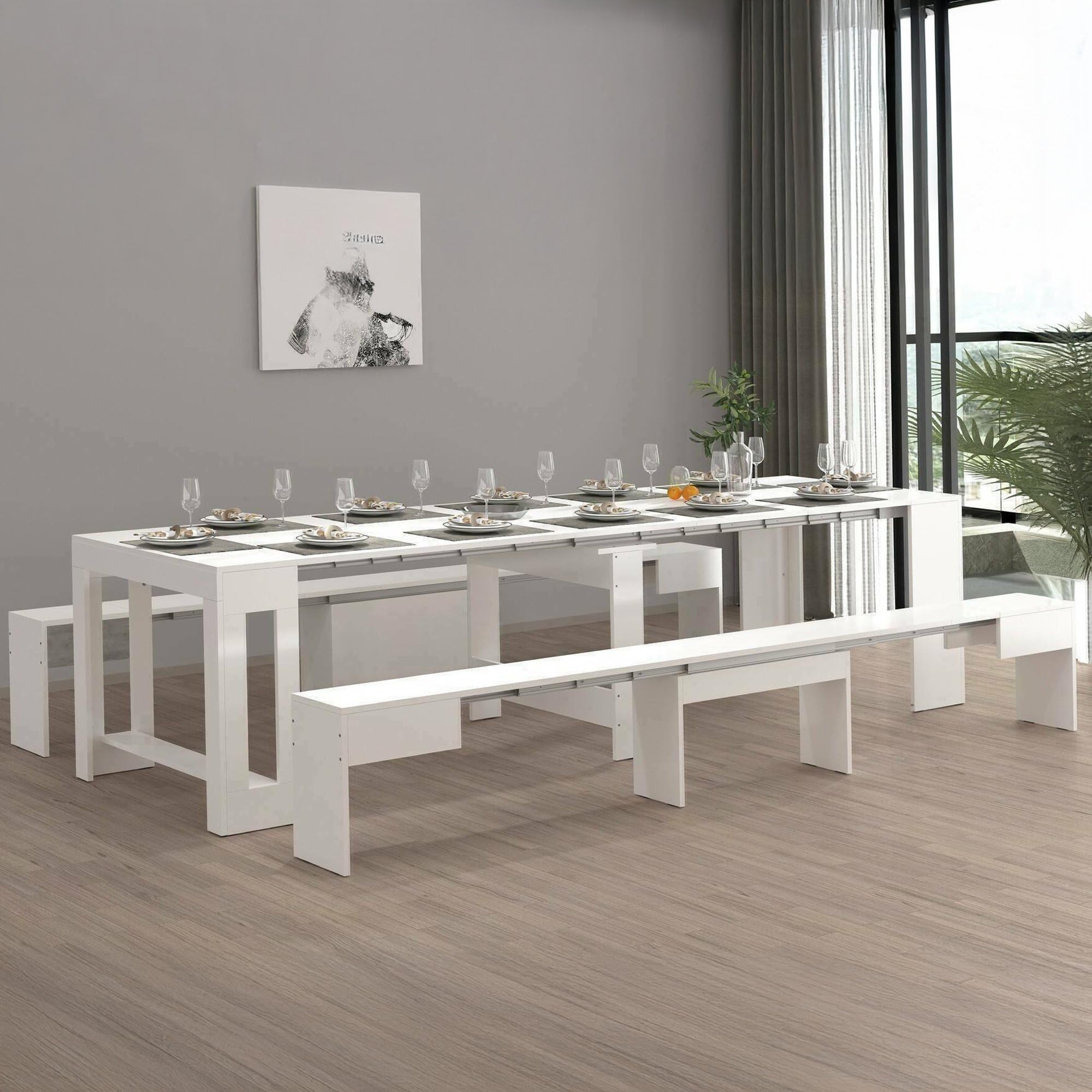 Dmora - Ensemble Table et chaises Eric, Composition Polyvalente, Ensemble avec Console et 2 bancs Extensibles, 100% Made in Italy, 66x25h45 cm, Blanc Brillant