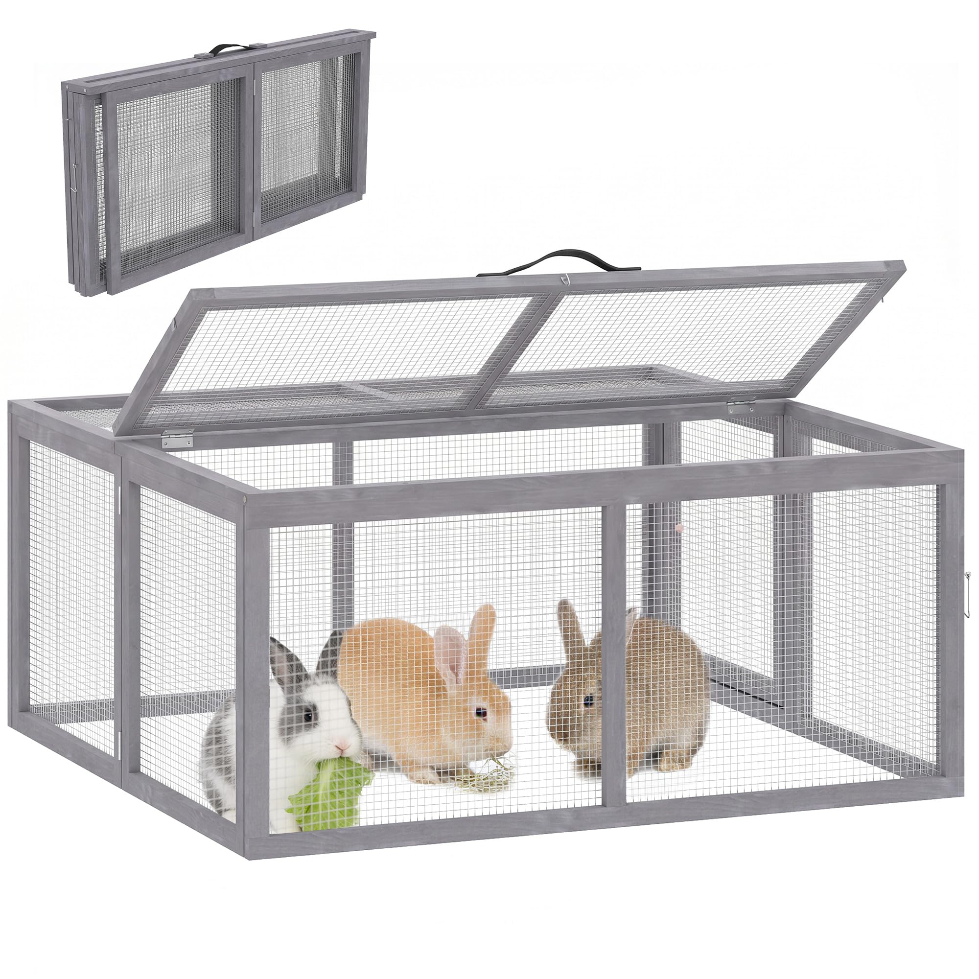 PawHut Clapier Lapin Extérieur Pliable en Bois 1,2 ㎡ 110x105x50cm Gris | Enclos Lapin, Grand Espace d'Activité, Toit Ouvrant, Poignée, Sans Fond, Cage pour Poule et Cochons d'Inde de Jardin