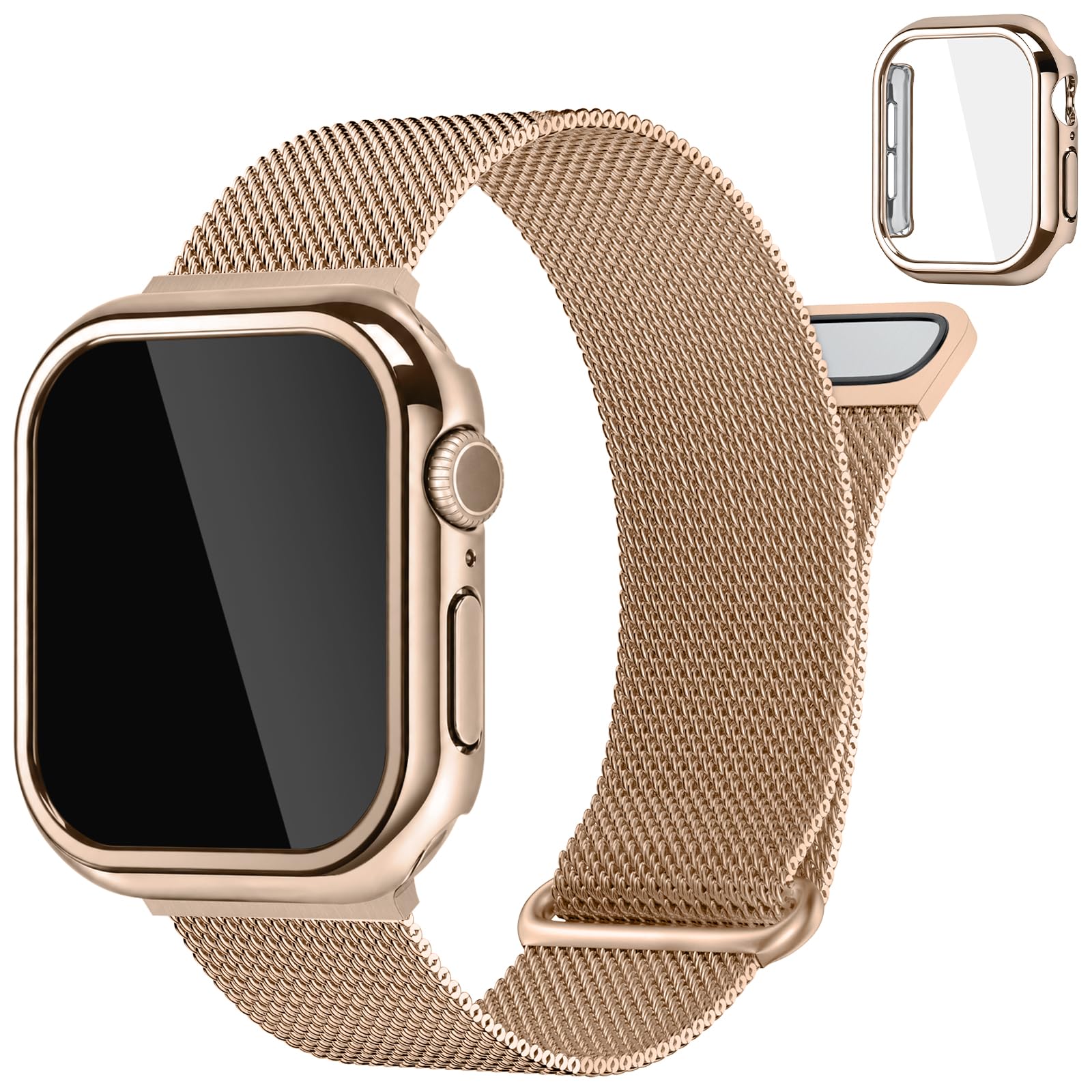 wutwuk Bracelet Milanais et Coque Protection pour Apple Watch, Femme Homme | 41mm Bracelets Compatibles avec iWatch Series 9/8/7, Fermoir Magnétique en Métal, Respirant, Or Rose