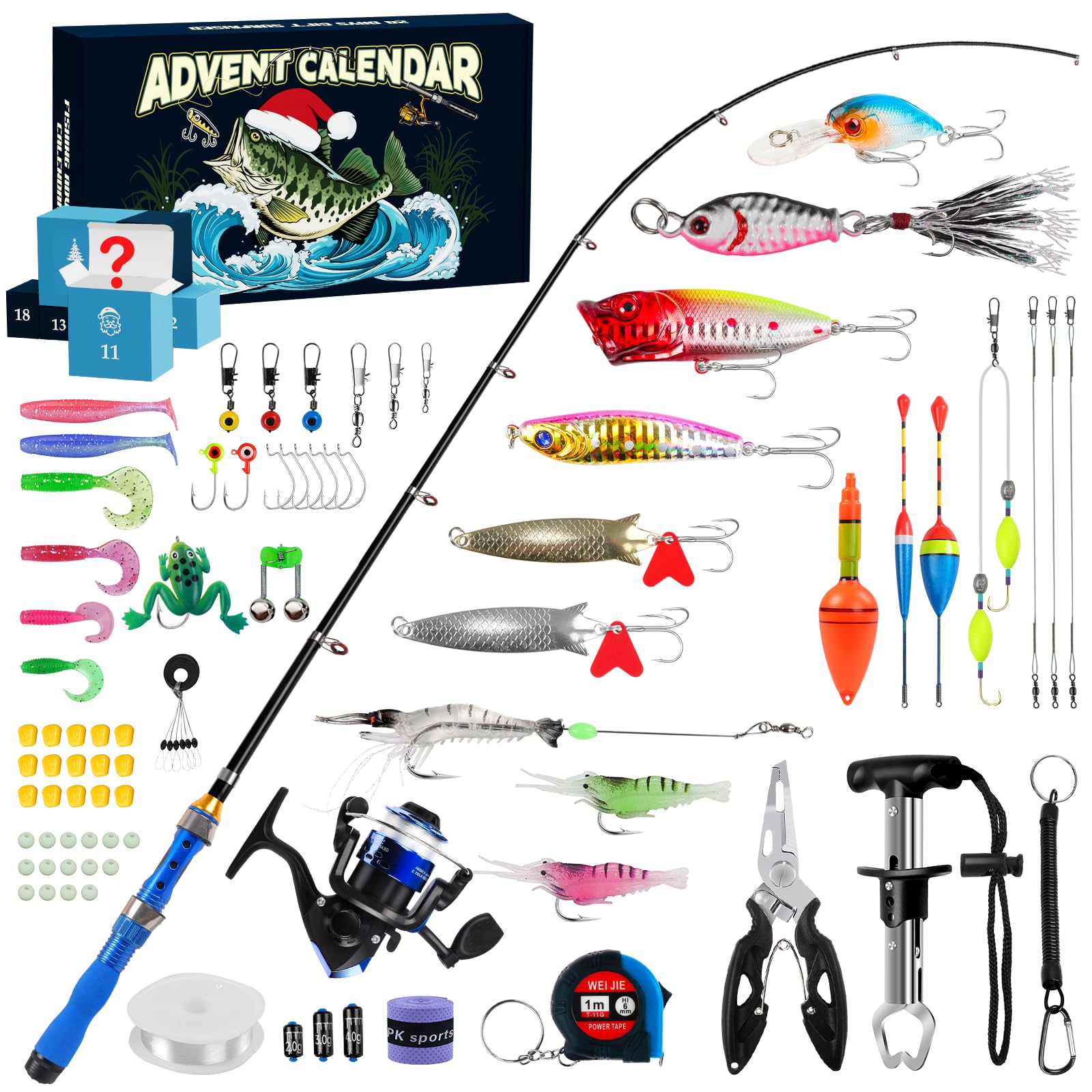 Vexyra Calendrier de l'Avent 2026 Peche pour Homme Ado Garcon, 24 Jours Calendrier de l'Avent Pecheur Outils avec Appât et Canne à Pêche, Calendrier Peche Cadeaux de Noël pour Grand-père Père Fils Ami