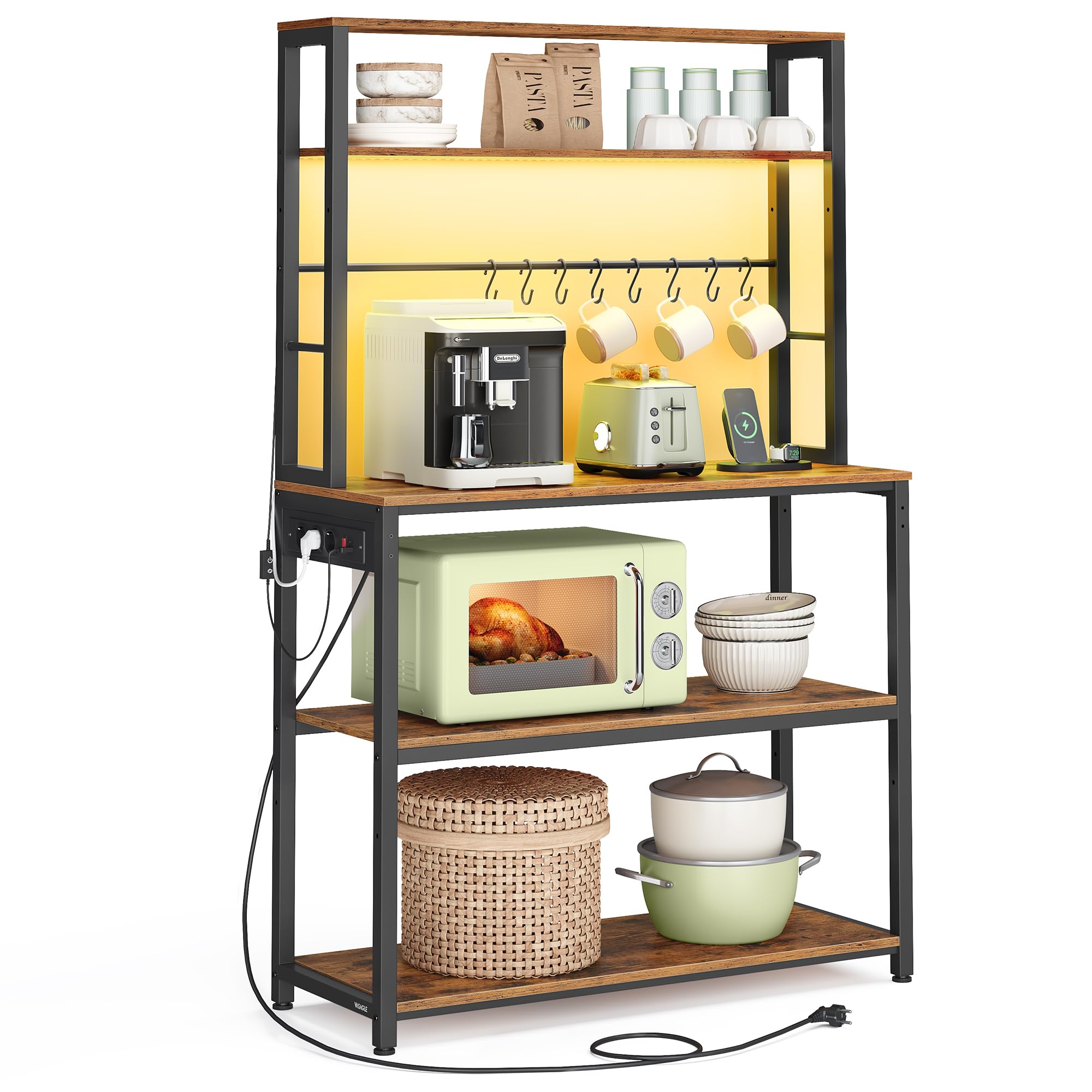 VASAGLE Étagère de Cuisine avec LED et Multiprise, 8 Crochets | Meuble de Cuisine, Support pour Micro-ondes avec Étagères Réglables, 80 x 40 x 168 cm, Collection BARNET KKS050KD01
