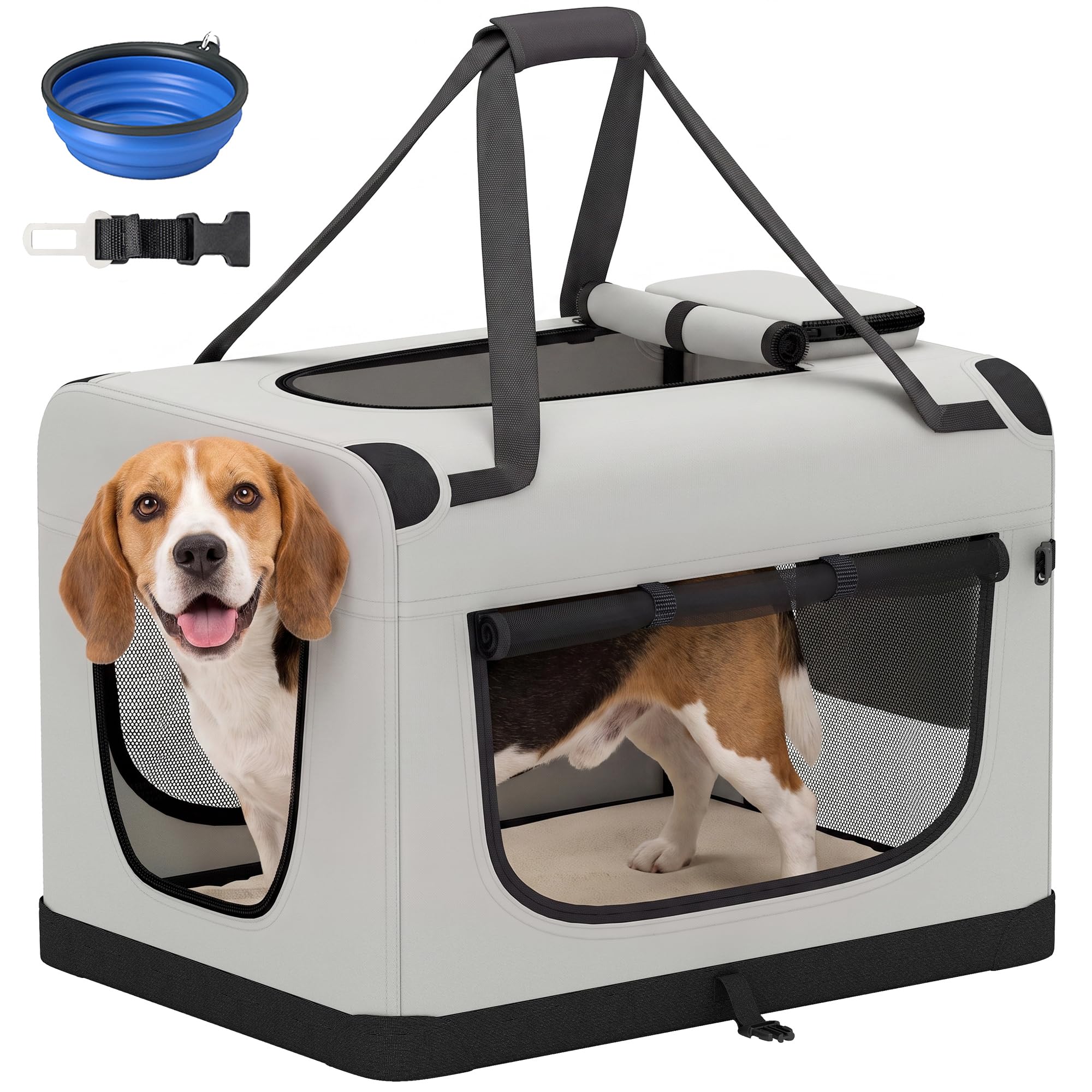 PawHut Grand Sac Transport Chat Chien Plaible 70x52x50cm Gris Clair | Caisse de Transport Respirant, Sangle de Sécurité, Coussin Lavable, Gamelle Pliable, 2 Poches, pour Chiens jusqu'à 15 kg