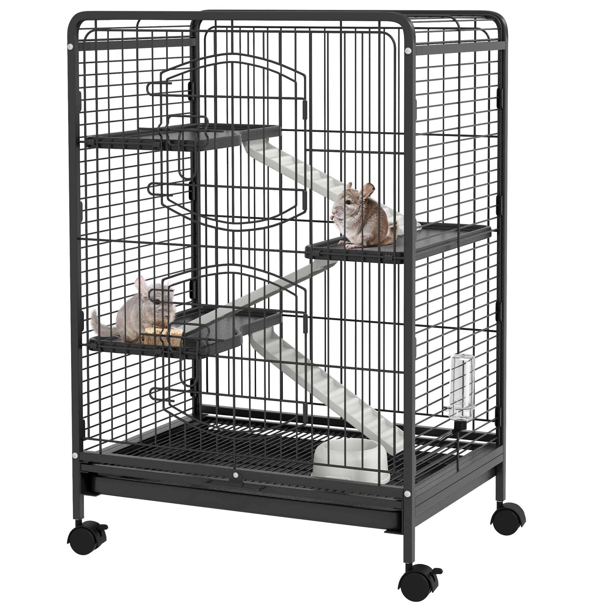 PawHut Cage pour Rongeurs Roulante pour Lapin Chinchilla 61,5x44x95cm Noir | Cage pour Petits Animaux, 3 Rampes 3 Plates-formes, Plat, Bouteille d'Eau, Bac Inférieur Amovible, pour Lapin, Acier PP