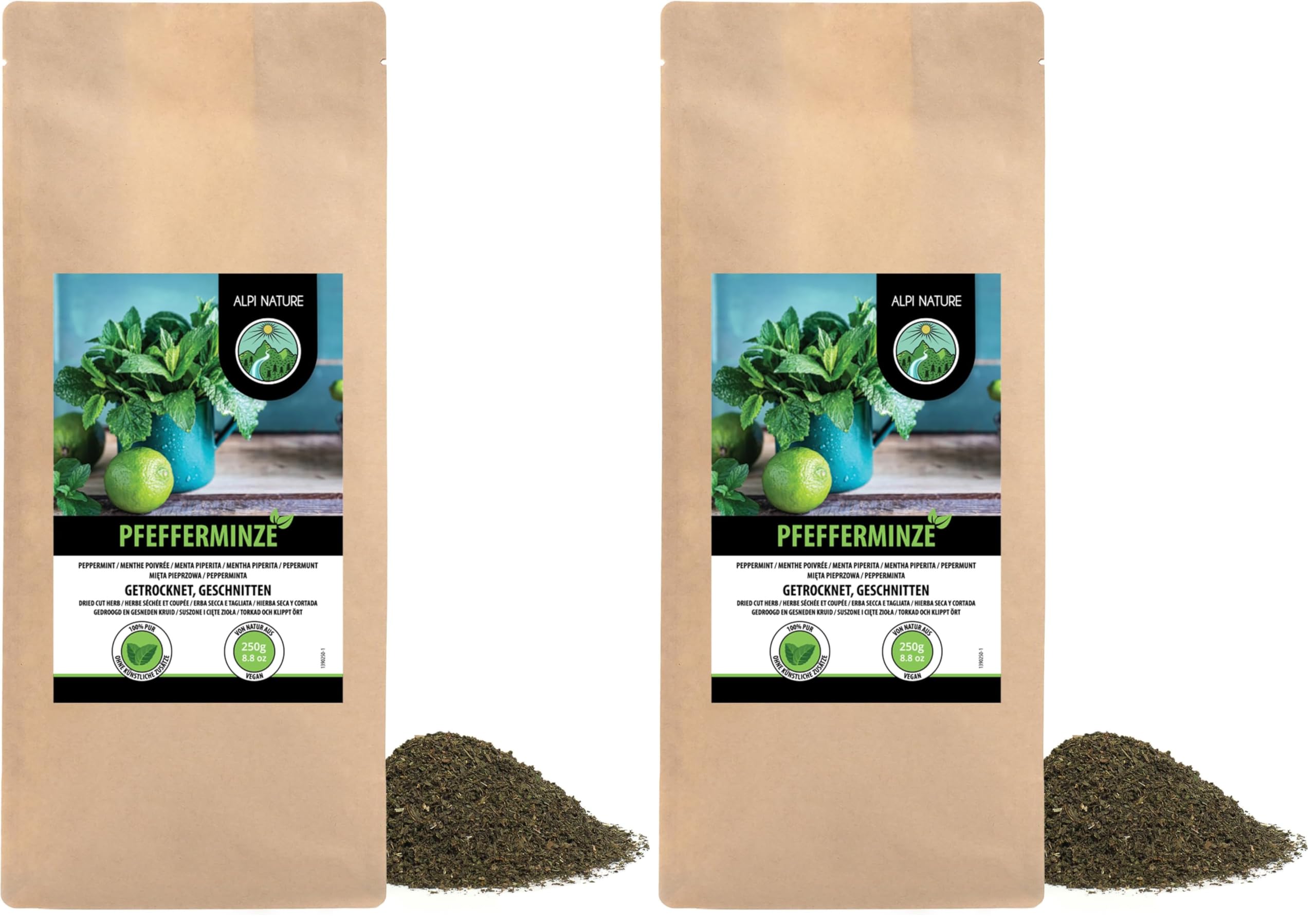 Alpi Nature Menthe Poivrée Tisane 250g, Feuilles de Menthe Poivrée Séchées et Coupées, Thé en Vrac (Lot de 2)
