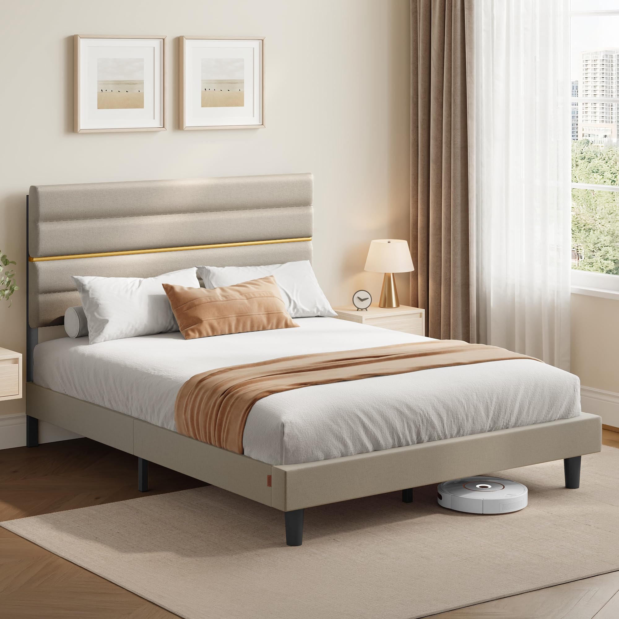 VASAGLE Lit Double, Tête de Lit Rembourrée Ajustable, 160 x 200 cm | Cadre de Lit Traditionnel Basique, Métal, Bois Massif, Beige cappuccino, Collection KACY RMB505LH01
