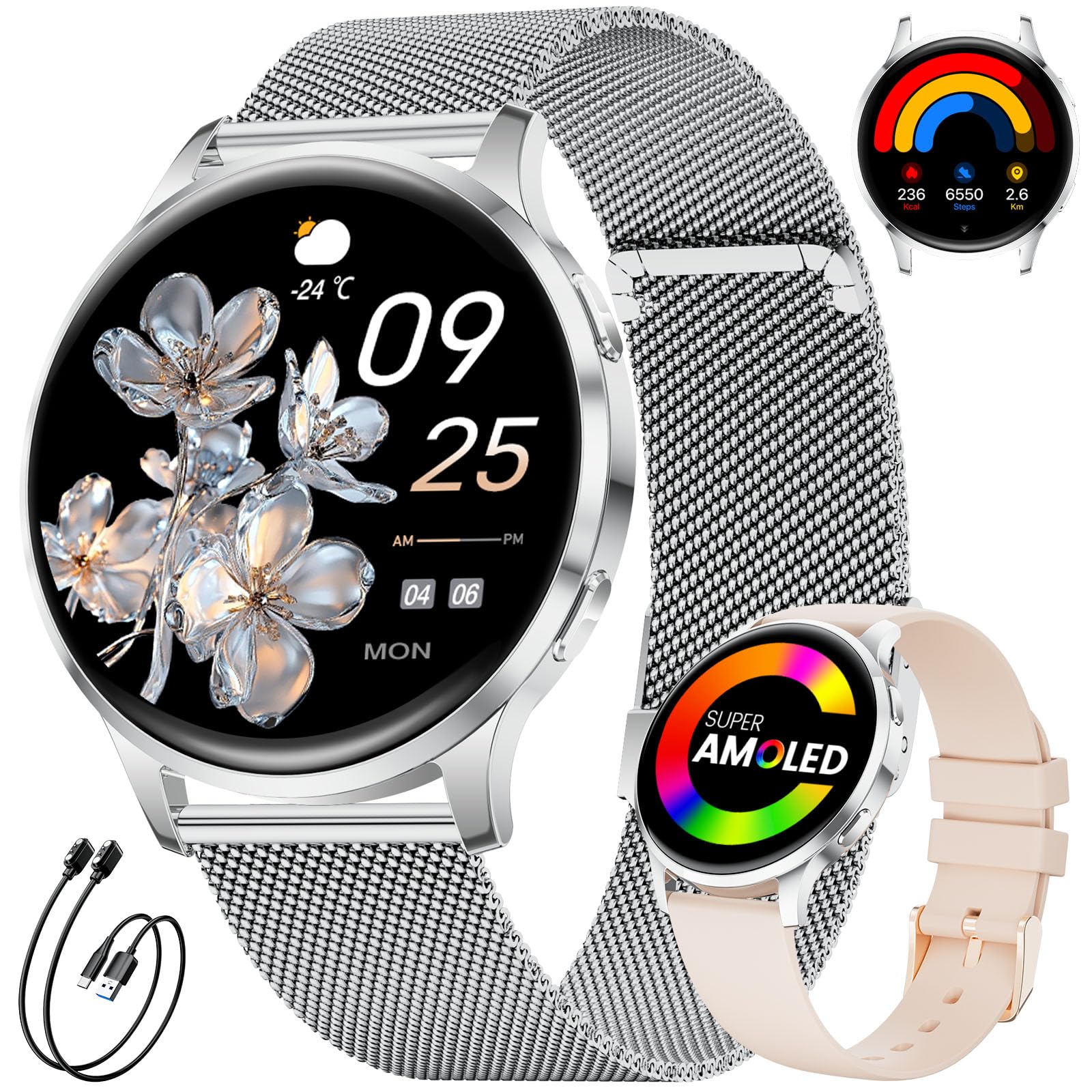 1,32'' AMOLED Montre Connectée Femme avec Appels Bluetooth, Cycle Menstruel | 100+ Modes Sportif Montre Intelligent, Fréquence Cardiaque, SpO2, Suivi du Sommeil, Étanche IP68, Podomètre pour iOS Android