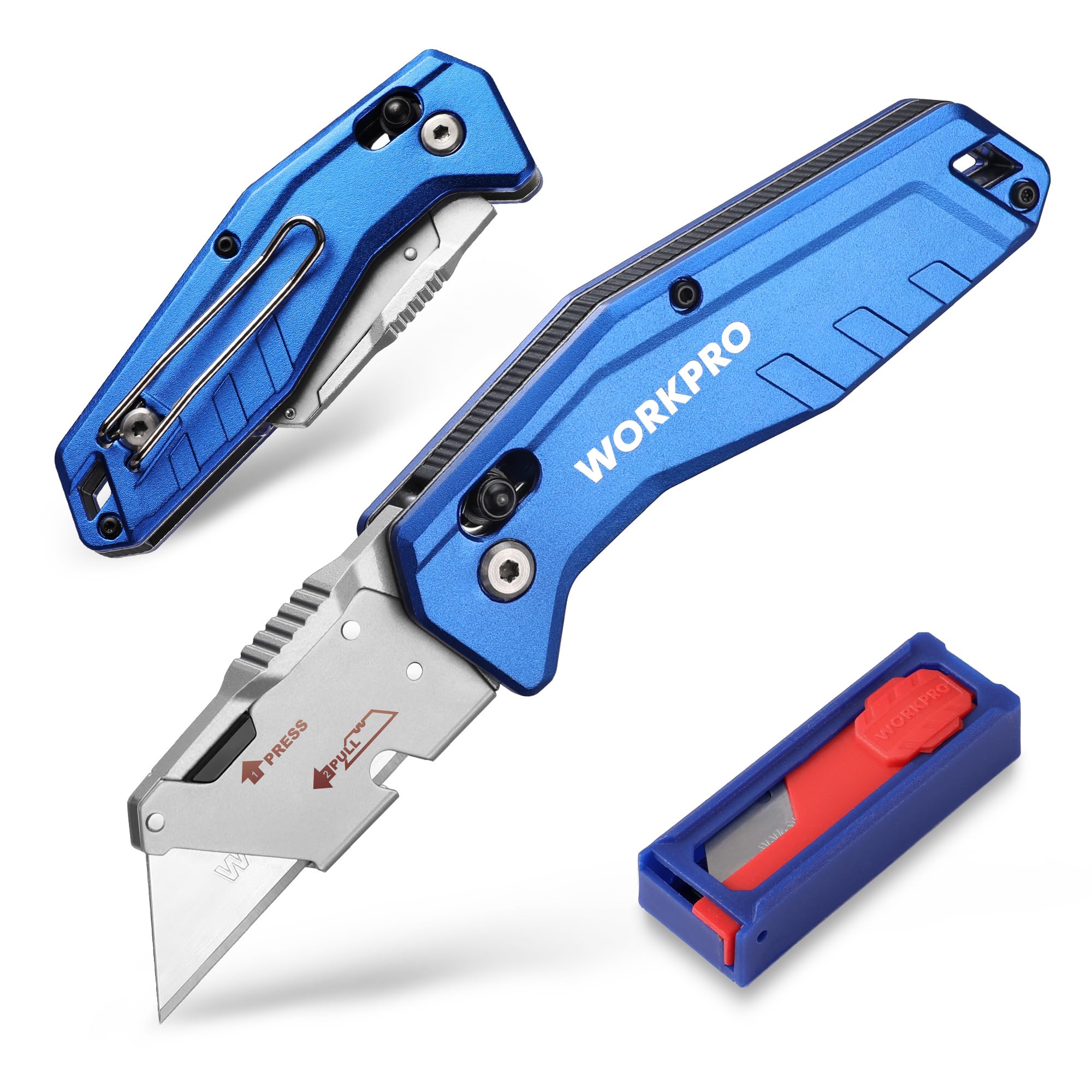 WORKPRO Cutter Professionnel Pliant, Cutter Utilitaire avec Mécanisme de Changement Rapide, Poignée en Alu Antidérapant, 10 Lames SK5 Supplémentaires, Idéal pour Coupe, Carton, Papier