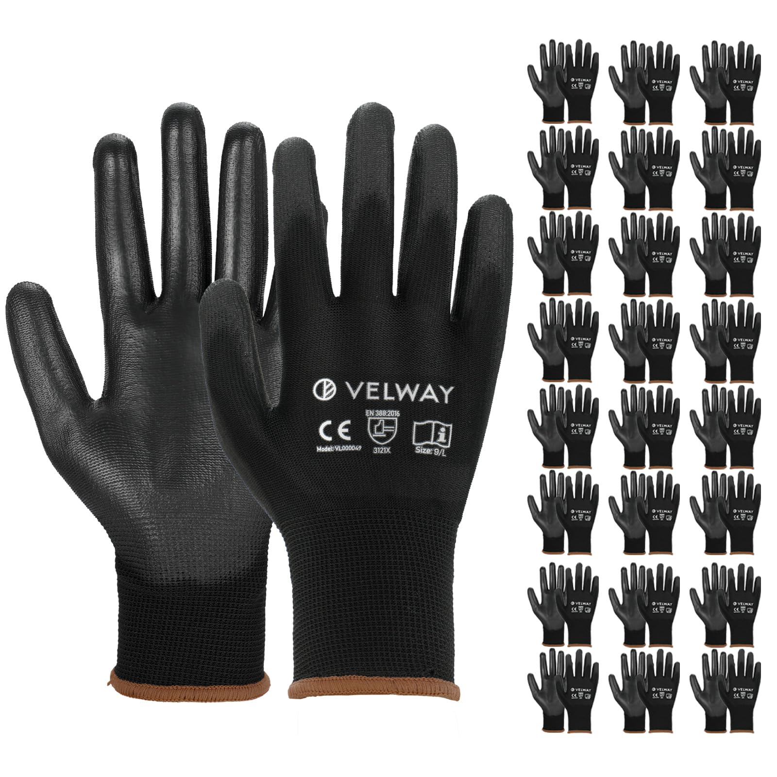 Velway Gants de Travail Enduits PU 24 Paires Noir Taille 9 | Légers et Respirants, Résistance à l'Abrasion, EN388, Idéals pour Jardinage, Logistique, Manutention, Mécanique et Atelier